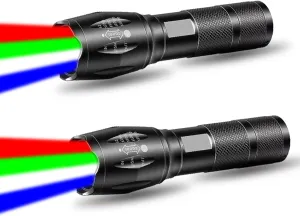 Red Flashlight Rechargeable 2 Pack, LED Green Light Flashlight, Blue Light Flashlights, 4 in 1 White Light, Red Light, Blue Lights and Green Lights, 4 Modes, Waterproof Zoomable Flash Light