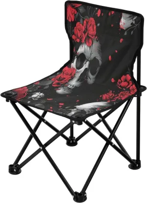Red Rose Skull Portable Outdoor Folding Chair Anti-Slip Padded Oxford Cloth Stool Camping Chair Small for Beach Hiking Fishing Gardening Quad Camp Chair