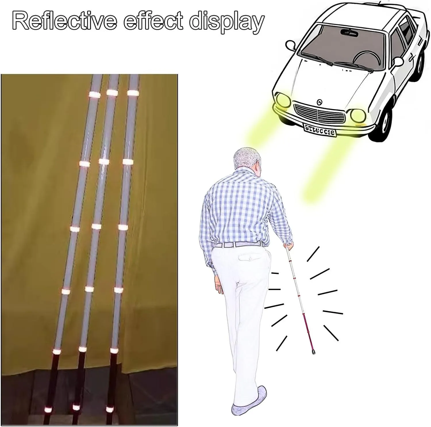 Reflective Telescopic Blind Cane,8 Knots Titanium Alloy Elderly Cane with Roller Head, Night Warning Reflective Film
