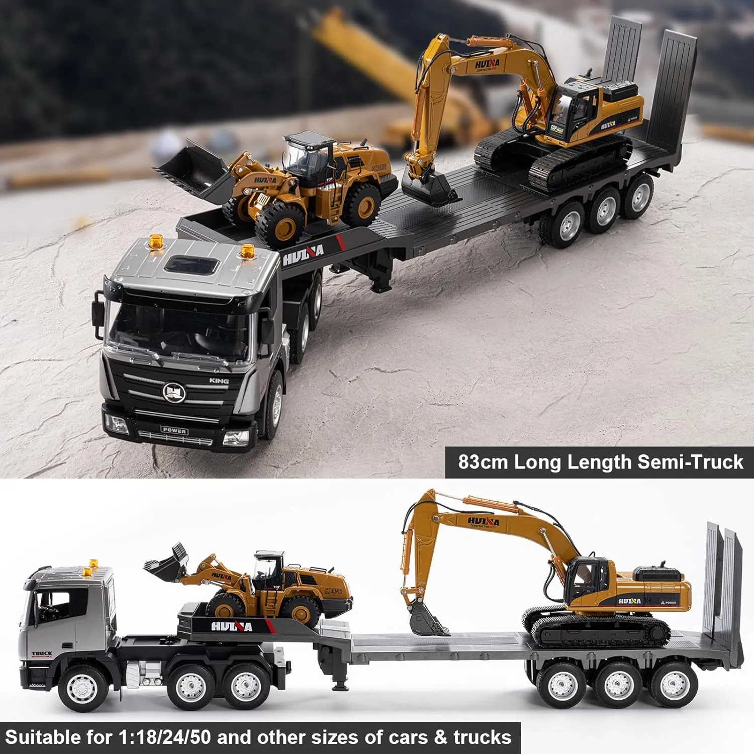 Remote Control Semi Truck Toys, 9 Channel RC Semi Truck with Trailer, Construction Vehicle Toy with Sound and Light, Birthday Gifts Ideas for Boys Kids, 1/24 Flatbed Trucks Grey (with Gift)