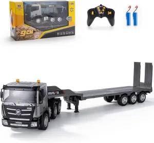Remote Control Semi Truck Toys, 9 Channel RC Semi Truck with Trailer, Construction Vehicle Toy with Sound and Light, Birthday Gifts Ideas for Boys Kids, 1/24 Flatbed Trucks Grey (with Gift)