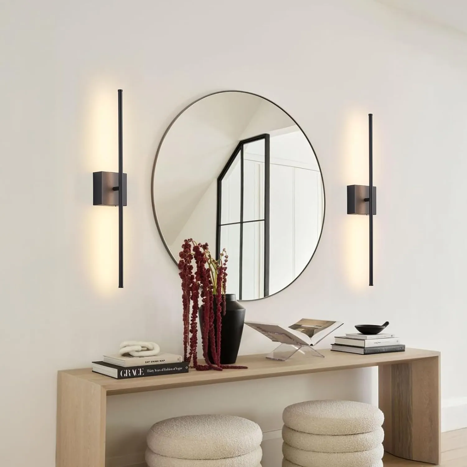 Removable Battery Operated Wall Sconces with Remote Control, Stepless Colors 3000K-6000K & Dimming, 350°Rotate, LED Black Wireless Wall Light for Living Room, Bedroom, 28.3 Inch (2 Pack)