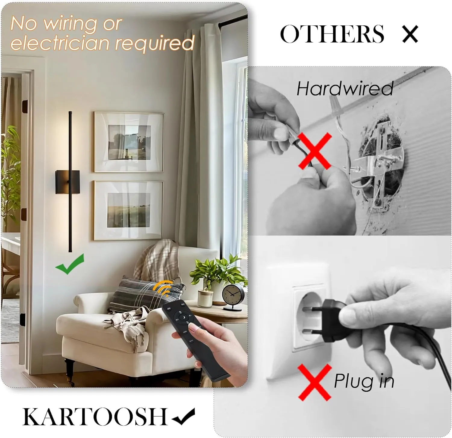 Removable Battery Operated Wall Sconces with Remote Control, Stepless Colors 3000K-6000K & Dimming, 350°Rotate, LED Black Wireless Wall Light for Living Room, Bedroom, 28.3 Inch (2 Pack)