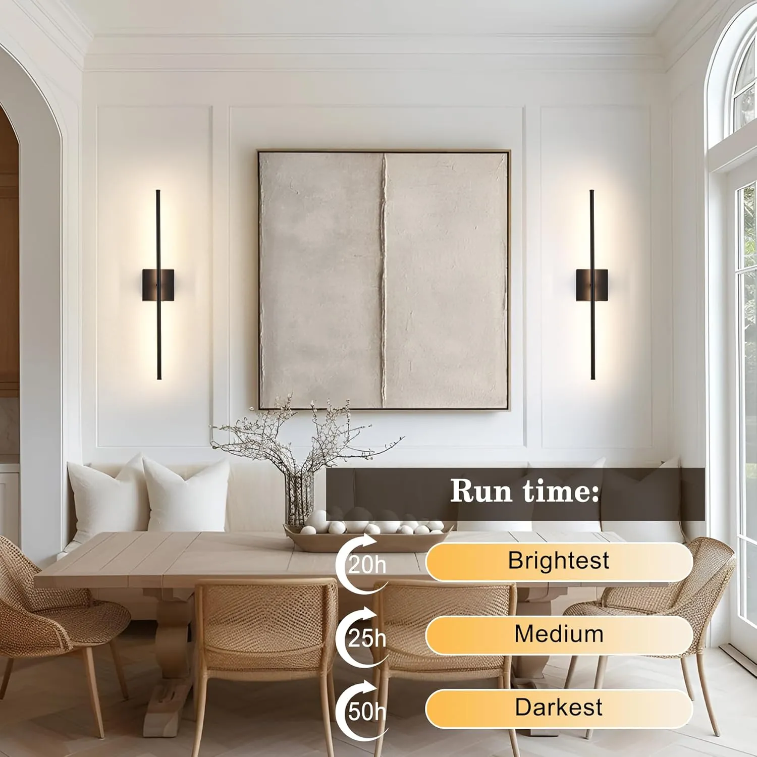 Removable Battery Operated Wall Sconces with Remote Control, Stepless Colors 3000K-6000K & Dimming, 350°Rotate, LED Black Wireless Wall Light for Living Room, Bedroom, 28.3 Inch (2 Pack)