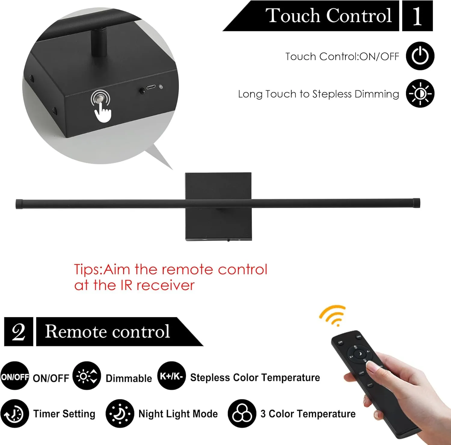Removable Battery Operated Wall Sconces with Remote Control, Stepless Colors 3000K-6000K & Dimming, 350°Rotate, LED Black Wireless Wall Light for Living Room, Bedroom, 28.3 Inch (2 Pack)