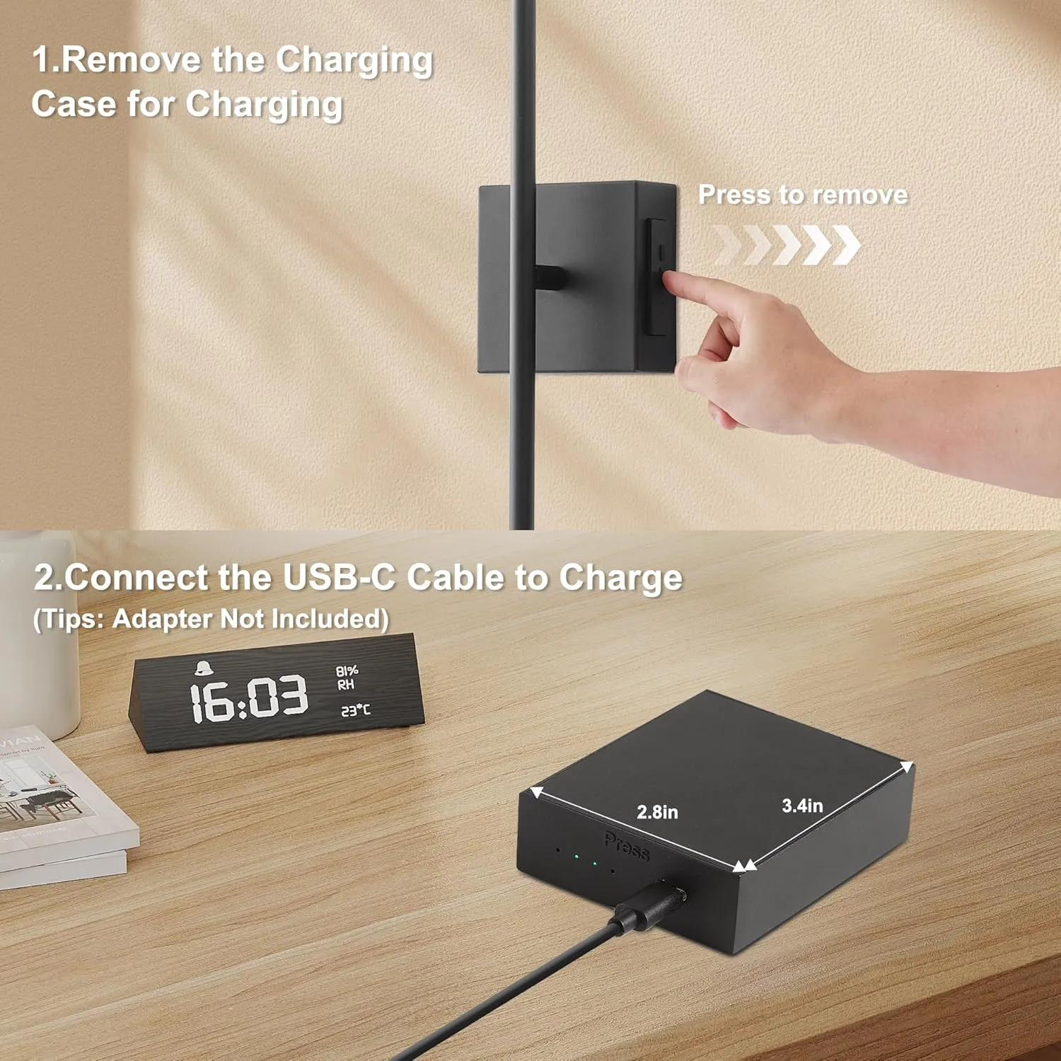 Removable Battery Operated Wall Sconces with Remote Control, Stepless Colors 3000K-6000K & Dimming, 350°Rotate, LED Black Wireless Wall Light for Living Room, Bedroom, 28.3 Inch (2 Pack)
