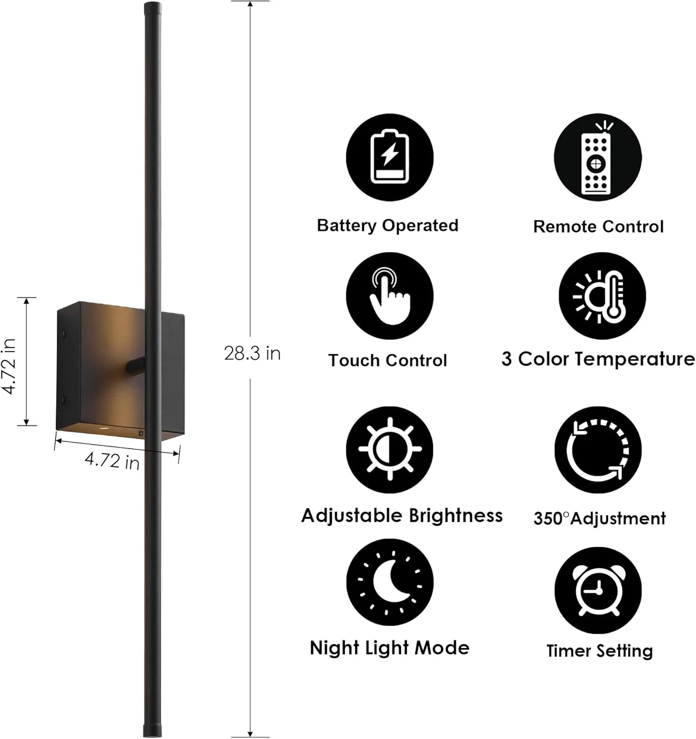 Removable Battery Operated Wall Sconces with Remote Control, Stepless Colors 3000K-6000K & Dimming, 350°Rotate, LED Black Wireless Wall Light for Living Room, Bedroom, 28.3 Inch (2 Pack)