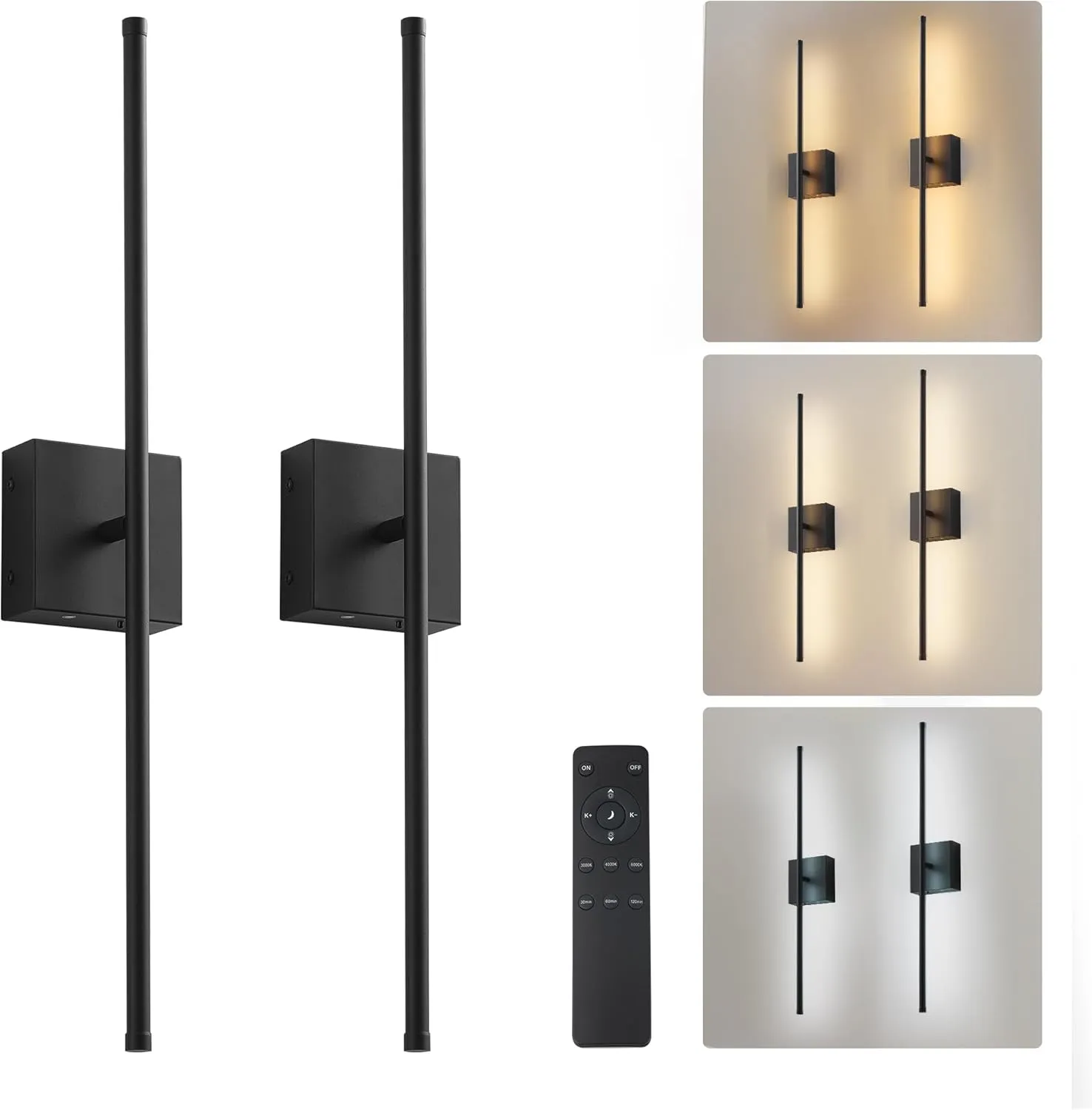Removable Battery Operated Wall Sconces with Remote Control, Stepless Colors 3000K-6000K & Dimming, 350°Rotate, LED Black Wireless Wall Light for Living Room, Bedroom, 28.3 Inch (2 Pack)