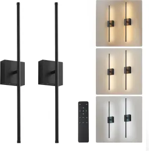 Removable Battery Operated Wall Sconces with Remote Control, Stepless Colors 3000K-6000K & Dimming, 350°Rotate, LED Black Wireless Wall Light for Living Room, Bedroom, 28.3 Inch (2 Pack)