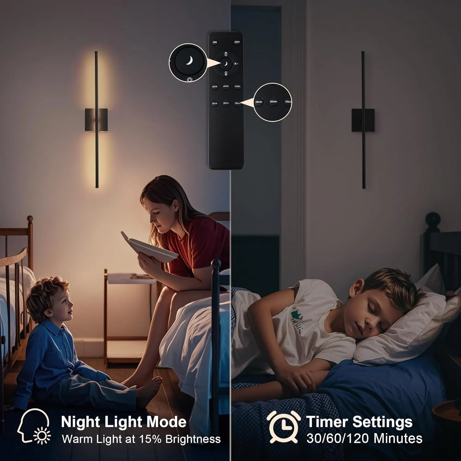 Removable Battery Operated Wall Sconces with Remote Control, Stepless Colors 3000K-6000K & Dimming, 350°Rotate, LED Black Wireless Wall Light for Living Room, Bedroom, 28.3 Inch (2 Pack)