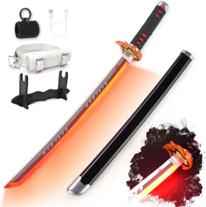 RENGENG Light Up Sword, 30 Inches Short for Kids, Rechargeable Pre-Assembled Plastic Replica with Belt & Stand & Spinner, Original Texture Sword