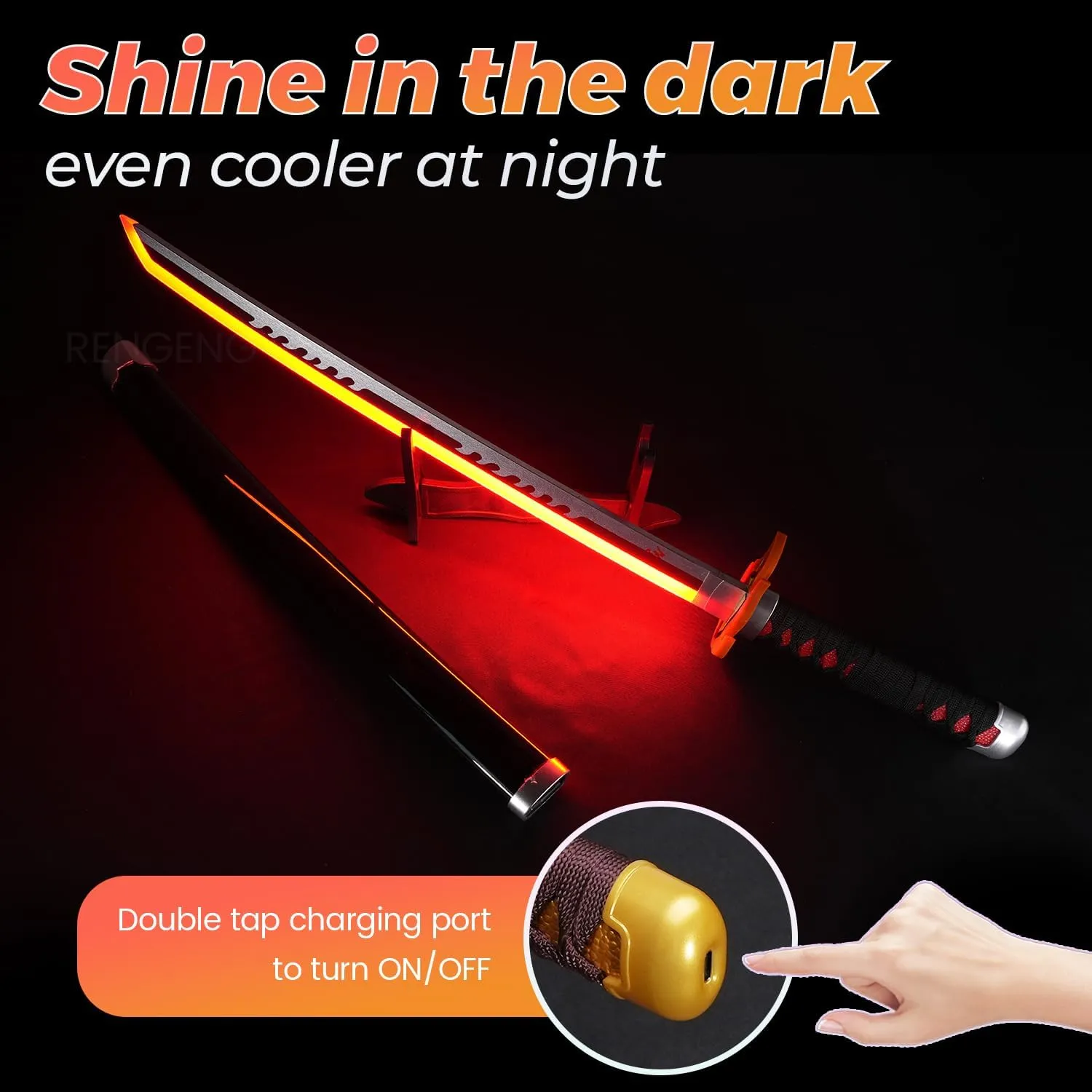 RENGENG Light Up Sword, 30 Inches Short for Kids, Rechargeable Pre-Assembled Plastic Replica with Belt & Stand & Spinner, Original Texture Sword