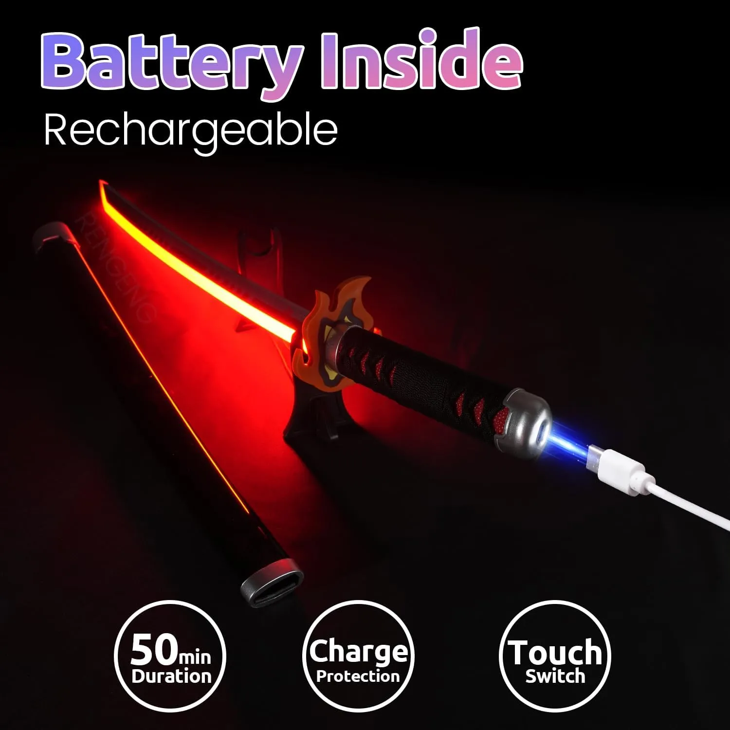 RENGENG Light Up Sword, 30 Inches Short for Kids, Rechargeable Pre-Assembled Plastic Replica with Belt & Stand & Spinner, Original Texture Sword