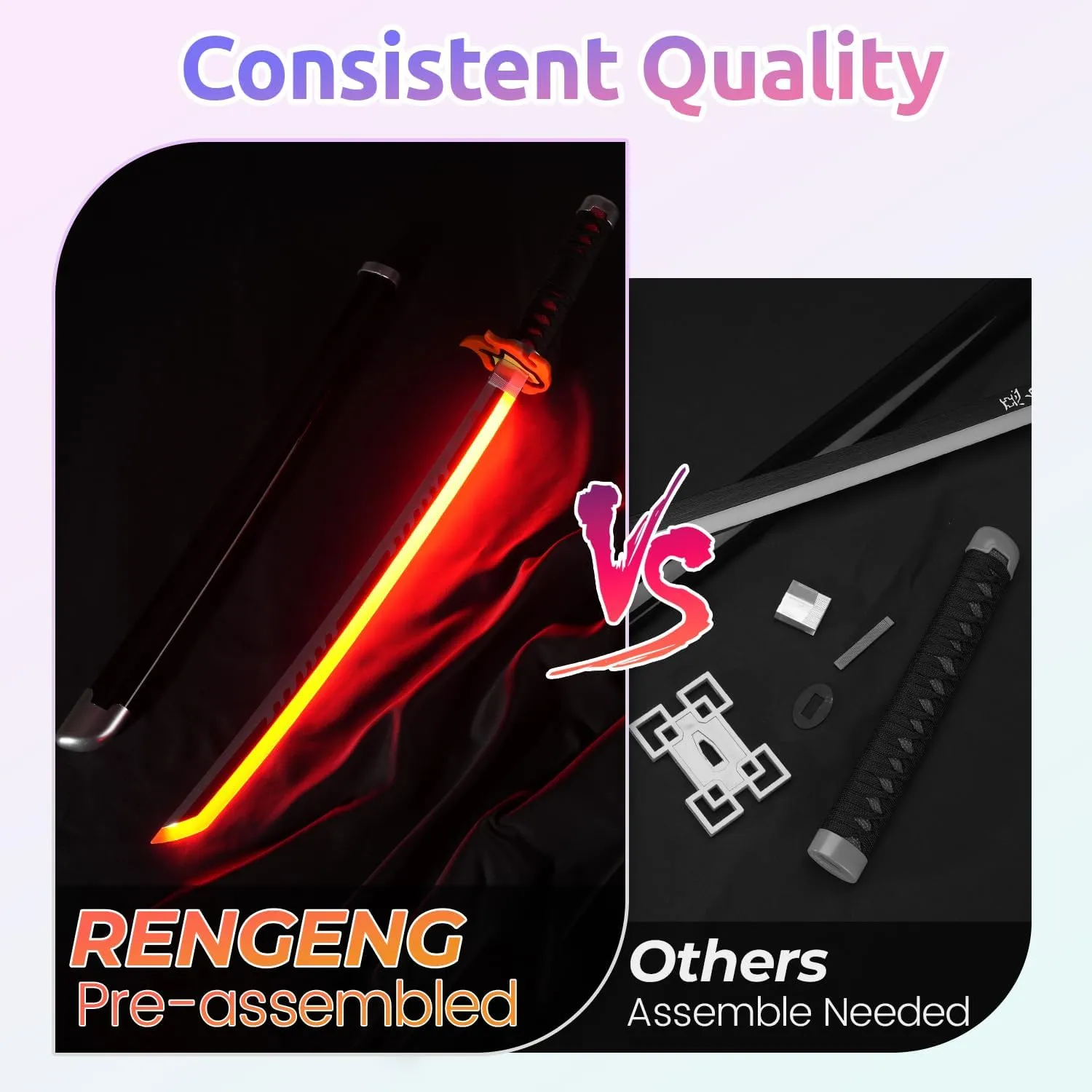 RENGENG Light Up Sword, 30 Inches Short for Kids, Rechargeable Pre-Assembled Plastic Replica with Belt & Stand & Spinner, Original Texture Sword
