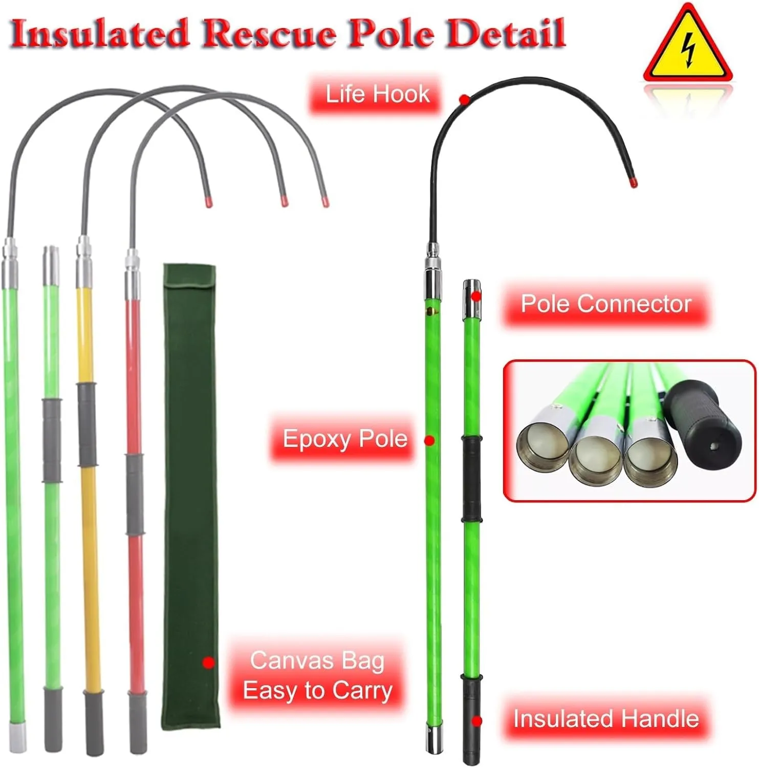 Rescue Hook Saftey Tool 3 4 6 10 Ft Long Electrician Insulated Rescue Pole with 16 1/2in Hook, 10 35 110 220 KV High Voltage Safety Anti Electric Shock Rescue Rod, Portable Electrical Safety Tool(Red,