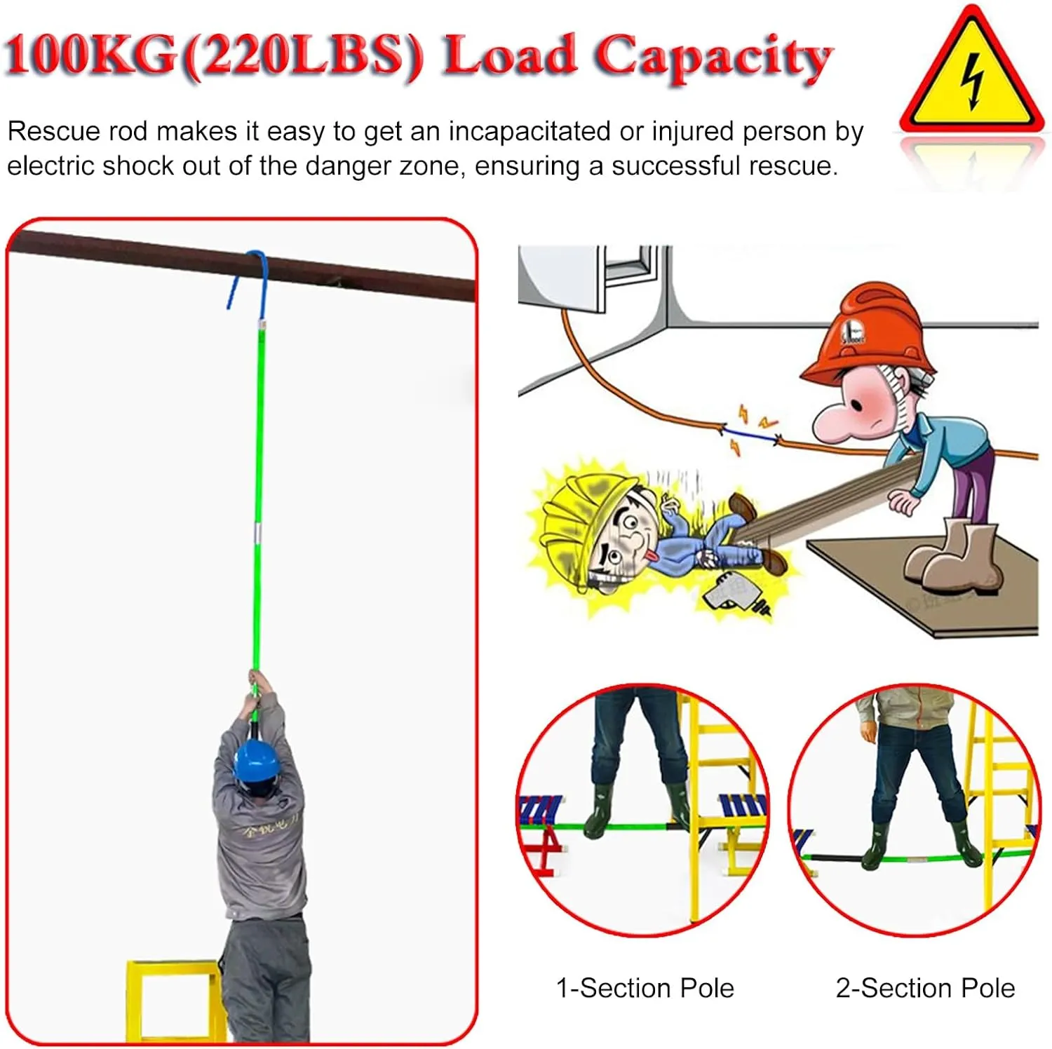 Rescue Hook Saftey Tool 3 4 6 10 Ft Long Electrician Insulated Rescue Pole with 16 1/2in Hook, 10 35 110 220 KV High Voltage Safety Anti Electric Shock Rescue Rod, Portable Electrical Safety Tool(Red,