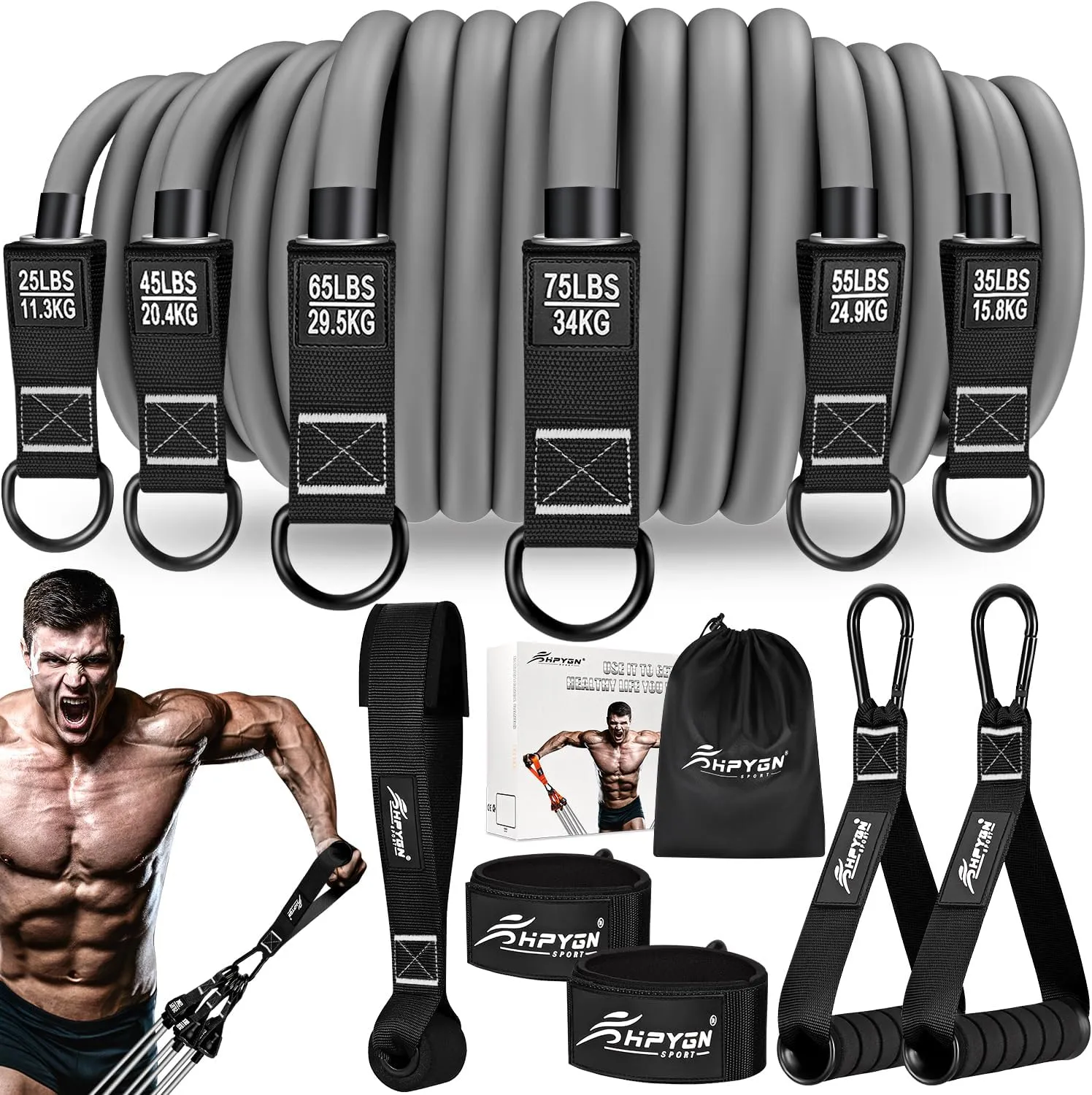 Resistance Bands, Heavy Exercise Bands with Handles, Fitness Bands Set for Working Out, Workout Bands for Men, Weight Bands for Muscle Training, Strength, Slim, Yoga, Home Gym Equipment