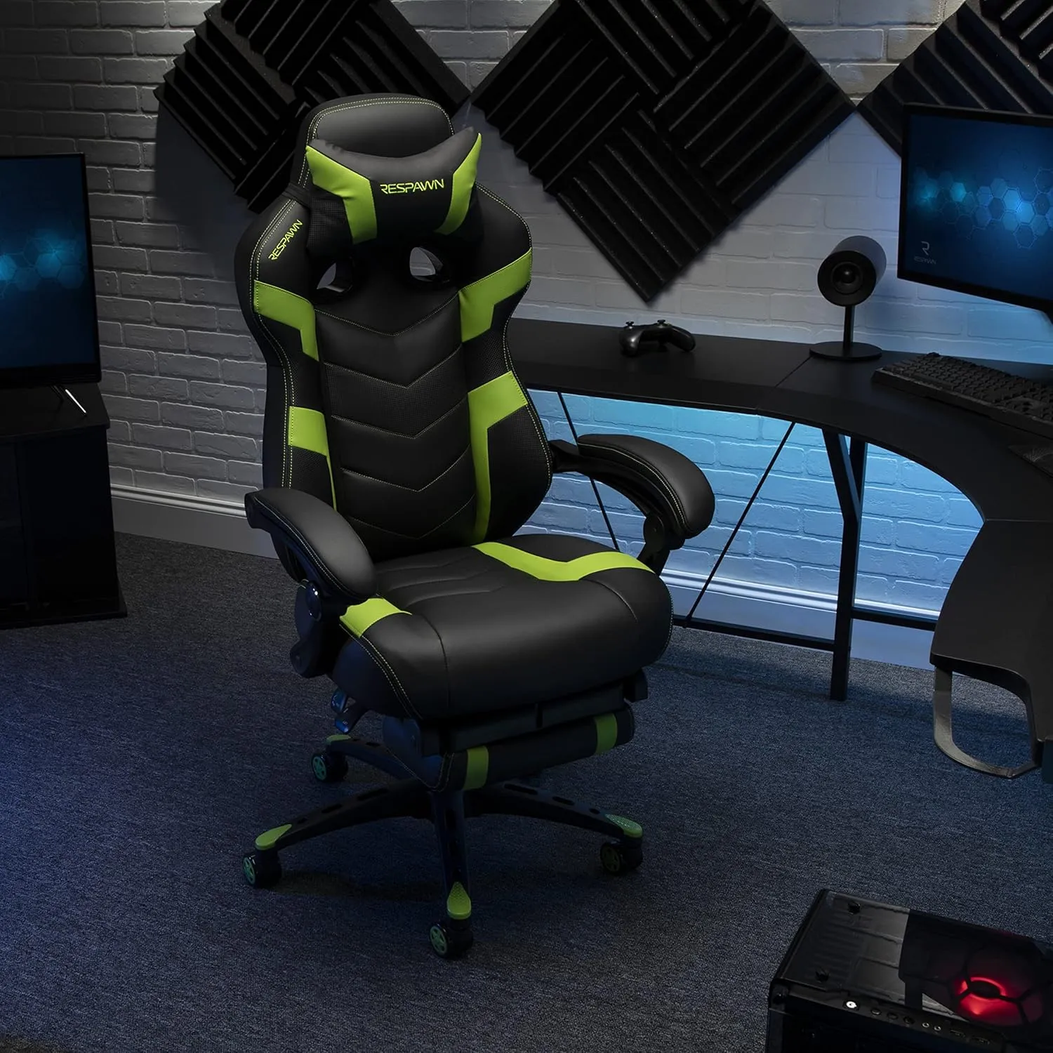 RESPAWN 110 Ergonomic Gaming Chair With Footrest Recliner - Racing Style High Back PC Computer Desk Office Chair - 360 Swivel, Lumbar Support, Adjustable Headrest Pillow, Padded Armrests - 2021 Green