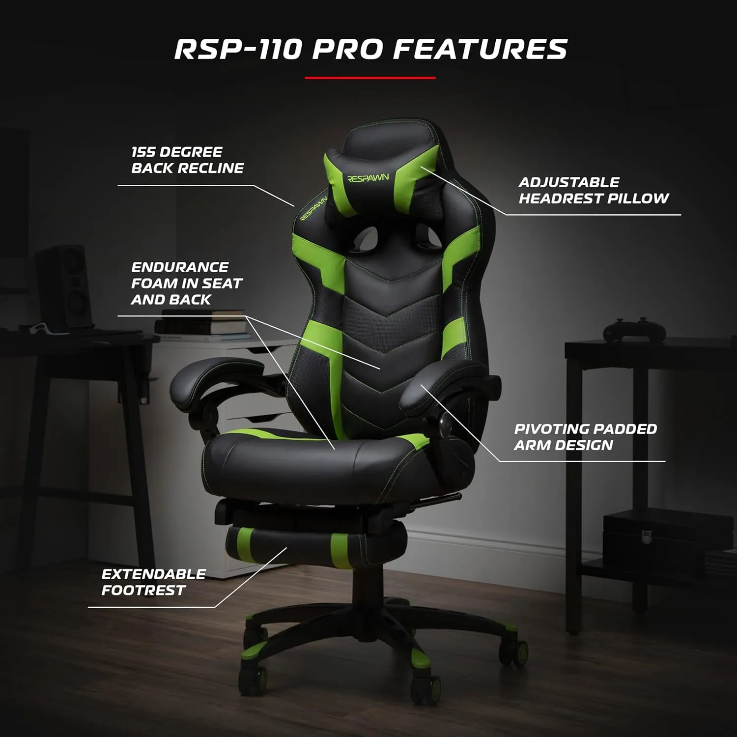RESPAWN 110 Ergonomic Gaming Chair With Footrest Recliner - Racing Style High Back PC Computer Desk Office Chair - 360 Swivel, Lumbar Support, Adjustable Headrest Pillow, Padded Armrests - 2021 Green