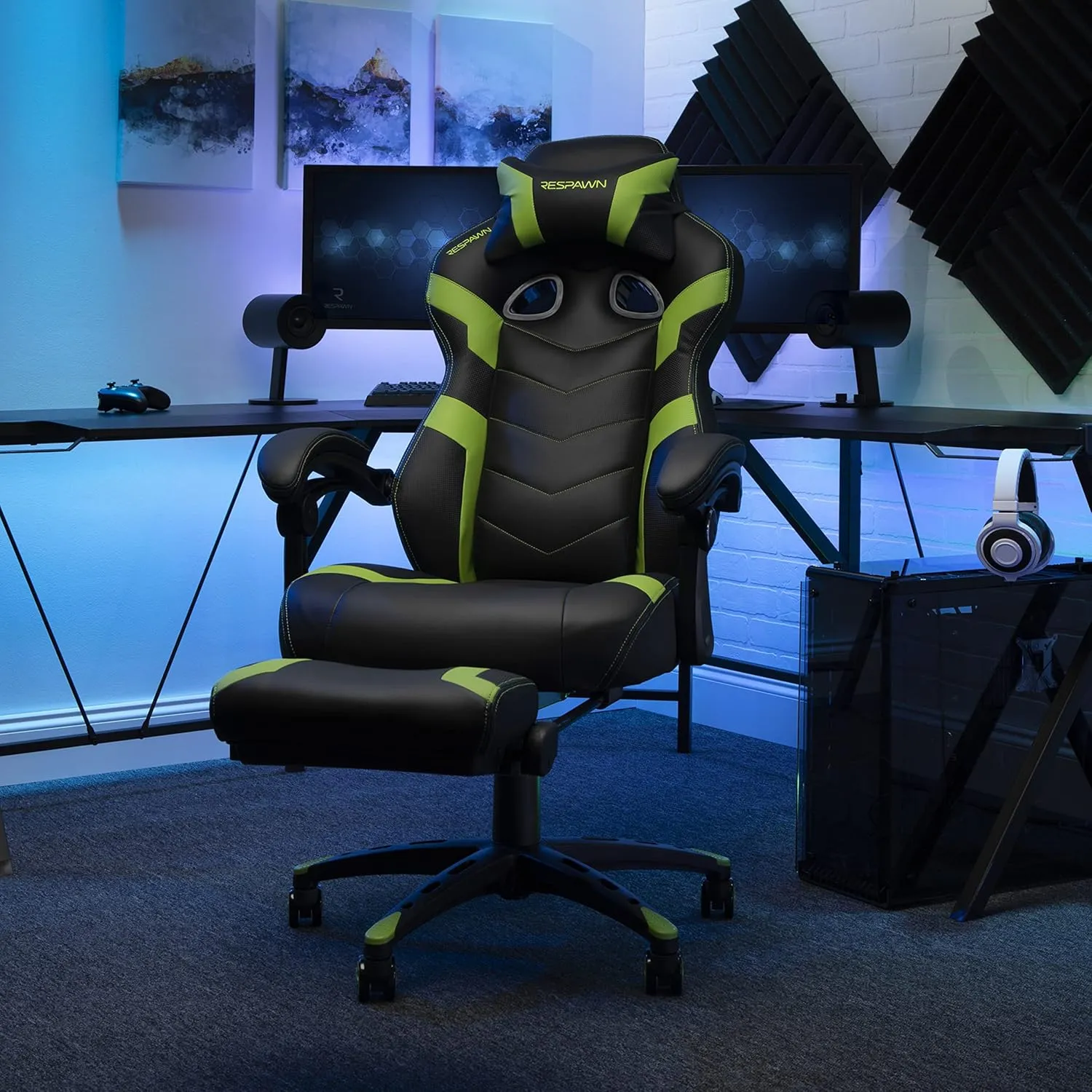 RESPAWN 110 Ergonomic Gaming Chair With Footrest Recliner - Racing Style High Back PC Computer Desk Office Chair - 360 Swivel, Lumbar Support, Adjustable Headrest Pillow, Padded Armrests - 2021 Green