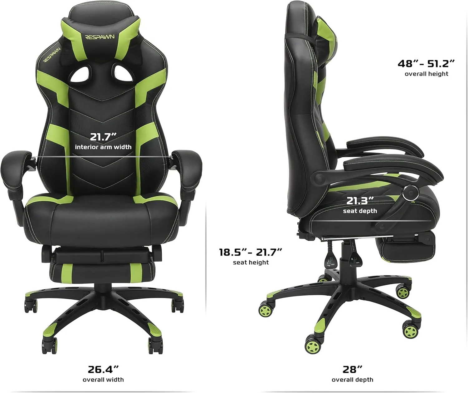 RESPAWN 110 Ergonomic Gaming Chair With Footrest Recliner - Racing Style High Back PC Computer Desk Office Chair - 360 Swivel, Lumbar Support, Adjustable Headrest Pillow, Padded Armrests - 2021 Green