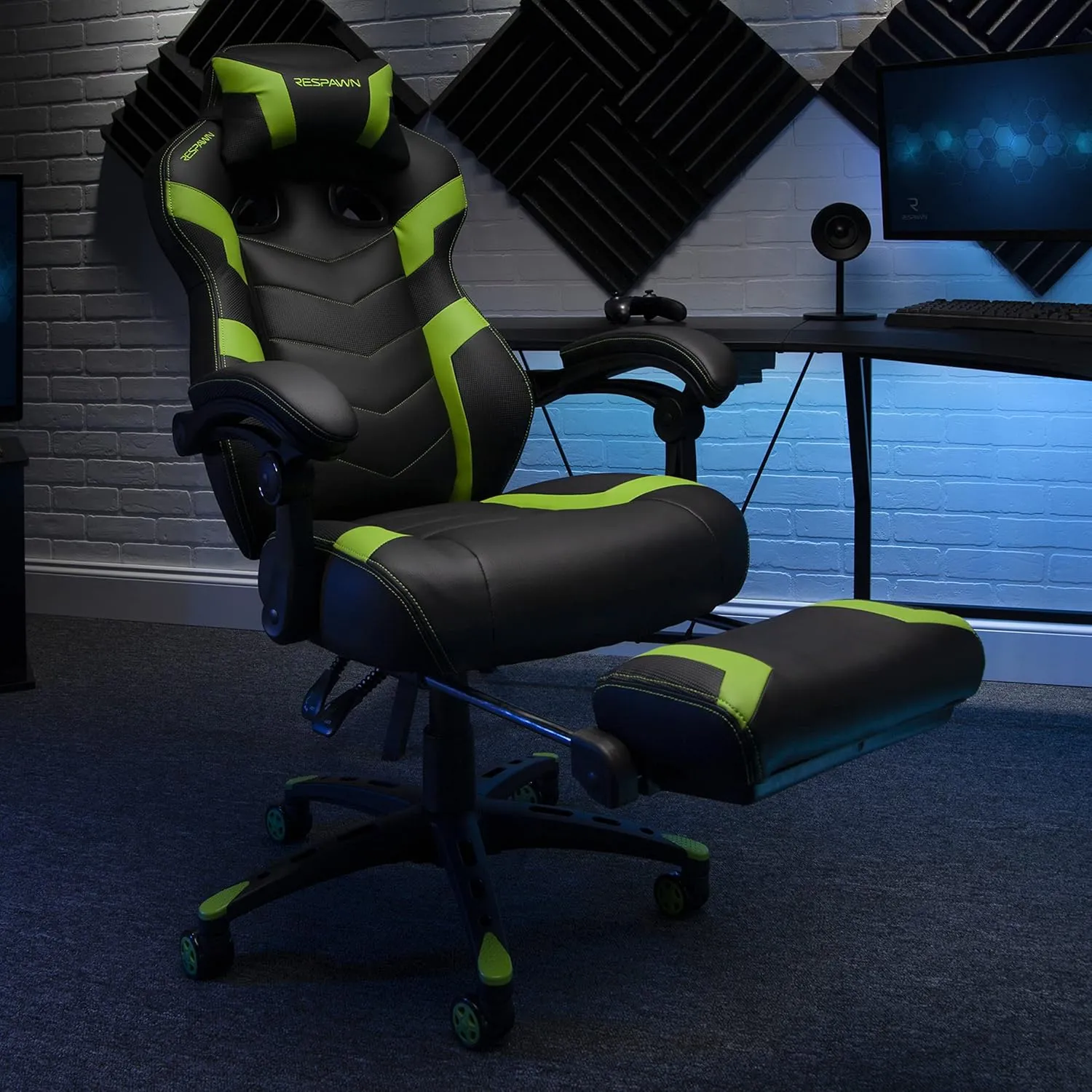 RESPAWN 110 Ergonomic Gaming Chair With Footrest Recliner - Racing Style High Back PC Computer Desk Office Chair - 360 Swivel, Lumbar Support, Adjustable Headrest Pillow, Padded Armrests - 2021 Green