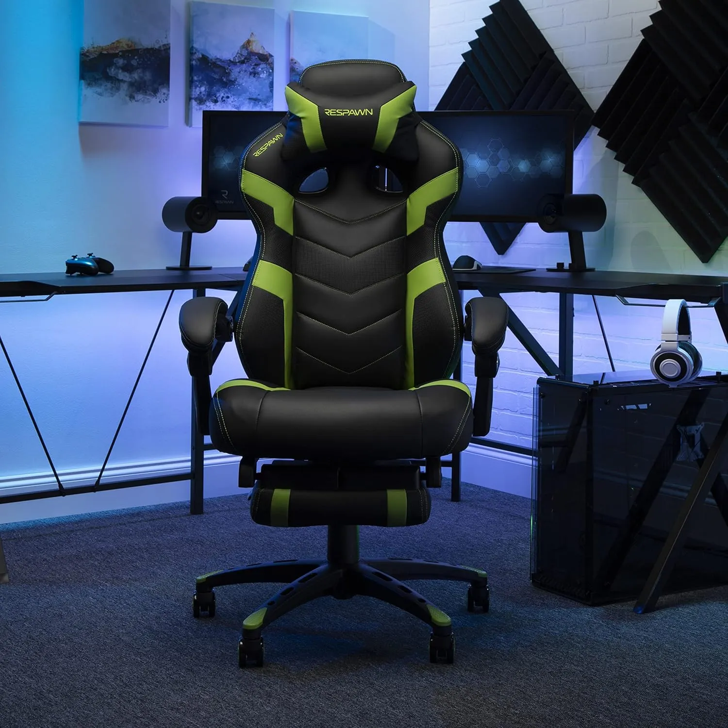 RESPAWN 110 Ergonomic Gaming Chair With Footrest Recliner - Racing Style High Back PC Computer Desk Office Chair - 360 Swivel, Lumbar Support, Adjustable Headrest Pillow, Padded Armrests - 2021 Green