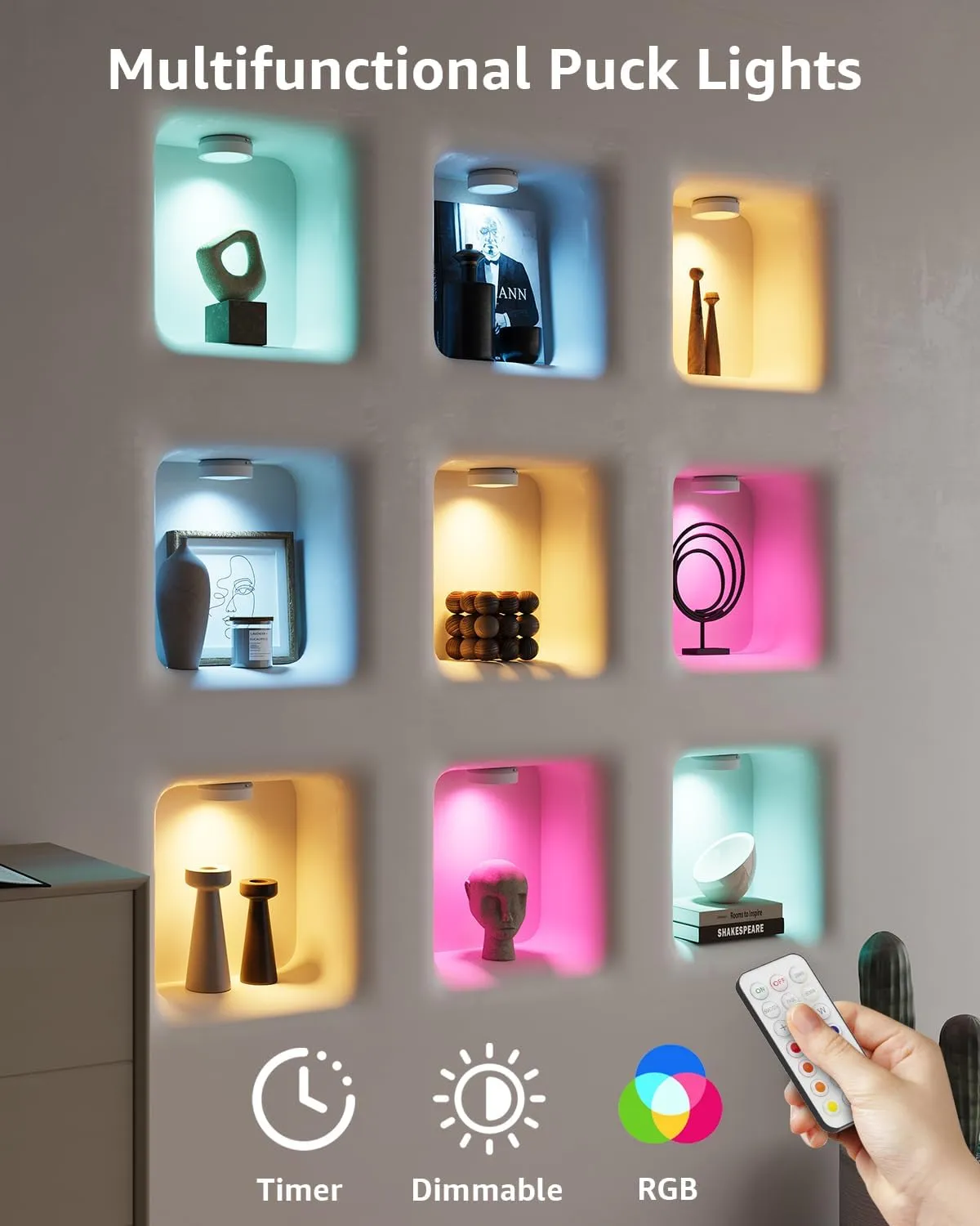 RGB Rechargeable Puck Lights with Remote Control, 2400mAh Battery Operated Tap Light Color Changing Push Lights Stick On LED Closet Light USB Under Cabinet Touch Lamp Classroom Magnetic Shelf Lighting