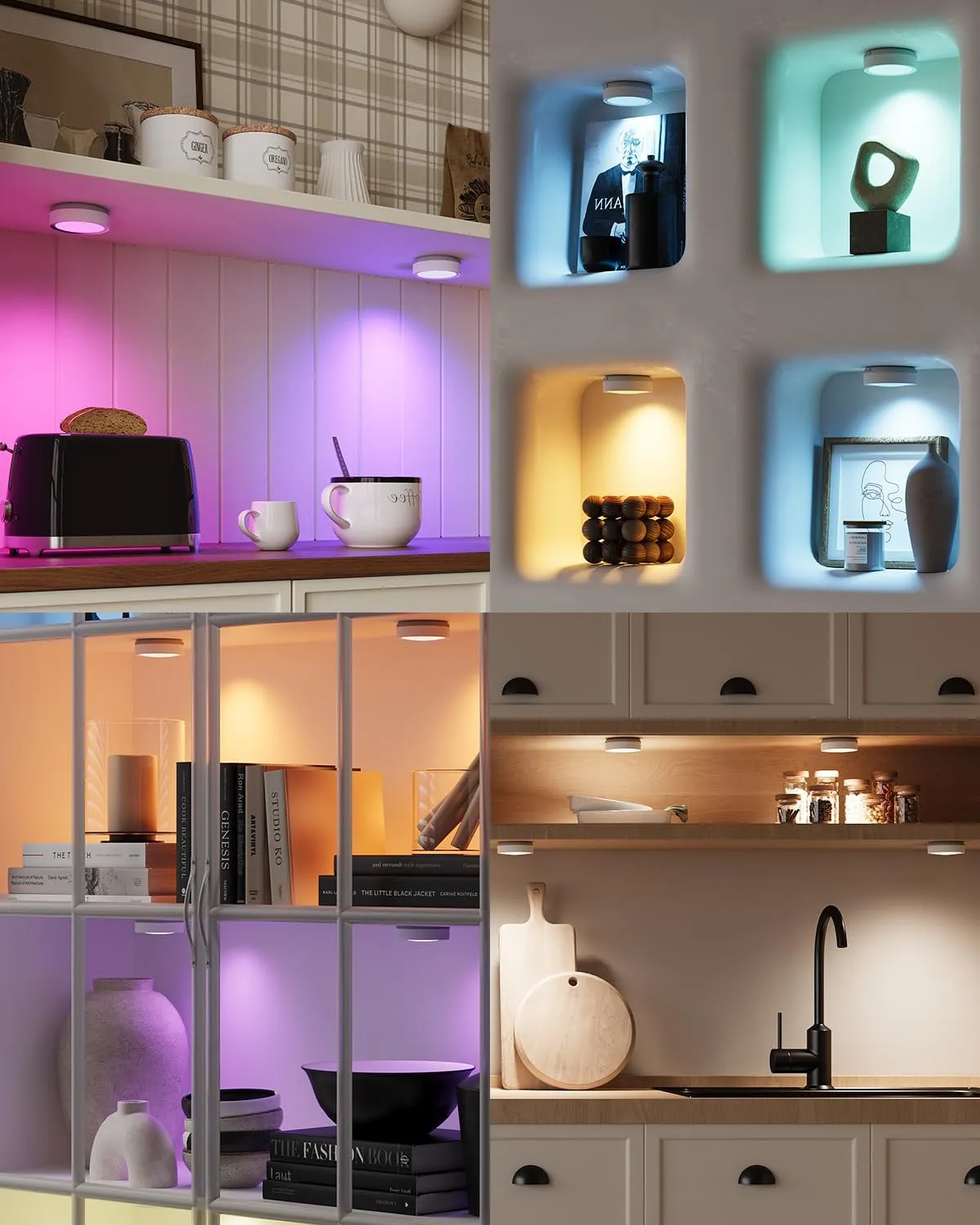 RGB Rechargeable Puck Lights with Remote Control, 2400mAh Battery Operated Tap Light Color Changing Push Lights Stick On LED Closet Light USB Under Cabinet Touch Lamp Classroom Magnetic Shelf Lighting