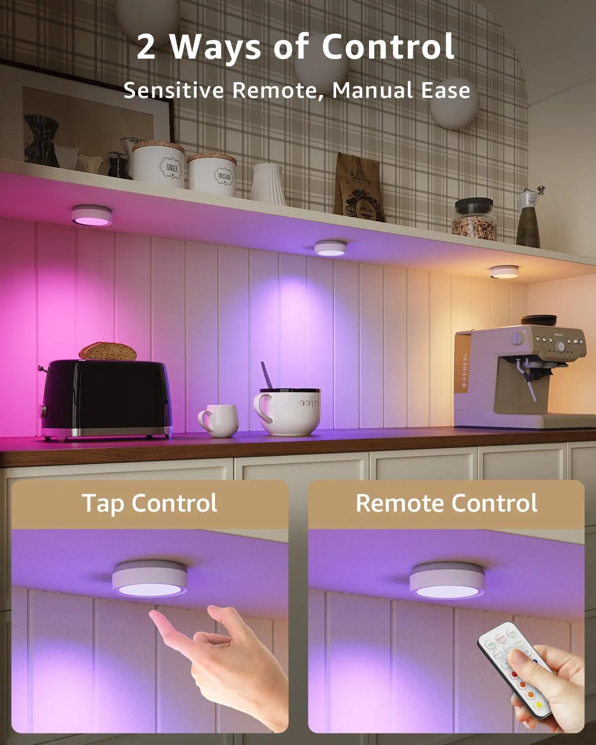 RGB Rechargeable Puck Lights with Remote Control, 2400mAh Battery Operated Tap Light Color Changing Push Lights Stick On LED Closet Light USB Under Cabinet Touch Lamp Classroom Magnetic Shelf Lighting