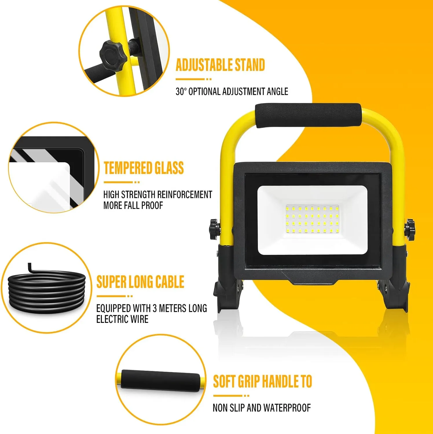 RIGIDON 30W Portable LED Flood Light Outdoor 3000LM Super Bright Outdoor Lights 6000K Daylight White IP66 Waterproof LED Work Light for Garden, Garage, Yard, Sports Ground, Patio, Pathway Porch (30W)