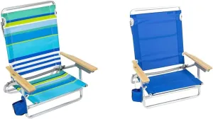Rio Beach Classic 5-Position 35"x41"x30.5" Folding Beach Chair Bundle - Cool Blue Stripes and Pacific Blue