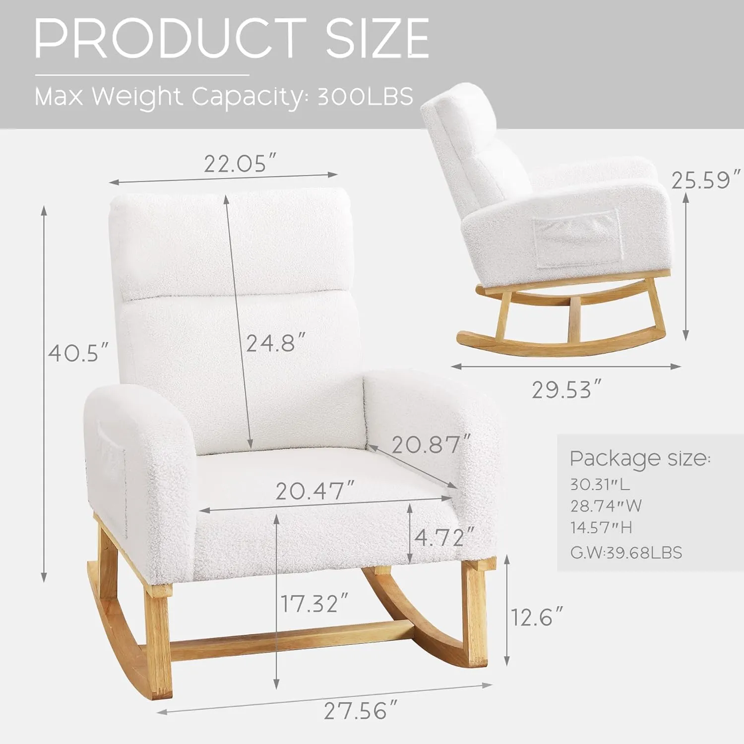 Rocking Chair Nursery - Glider Modern Accent Chairs Upholstered Teddy Fabric Nursing Rocker Padded Armchair for Indoor Living Room Bedroom White
