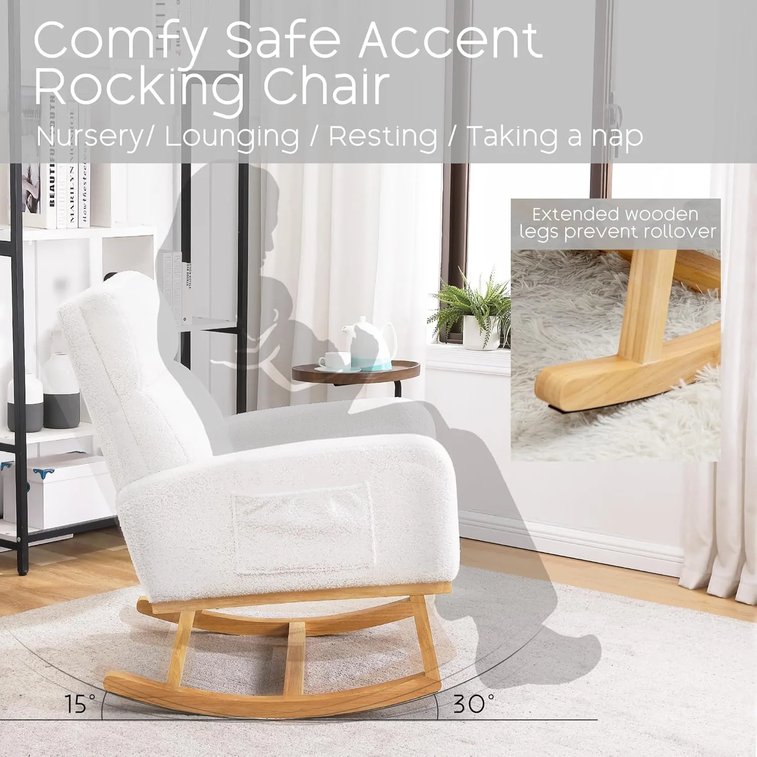 Rocking Chair Nursery - Glider Modern Accent Chairs Upholstered Teddy Fabric Nursing Rocker Padded Armchair for Indoor Living Room Bedroom White