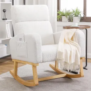 Rocking Chair Nursery - Glider Modern Accent Chairs Upholstered Teddy Fabric Nursing Rocker Padded Armchair for Indoor Living Room Bedroom White