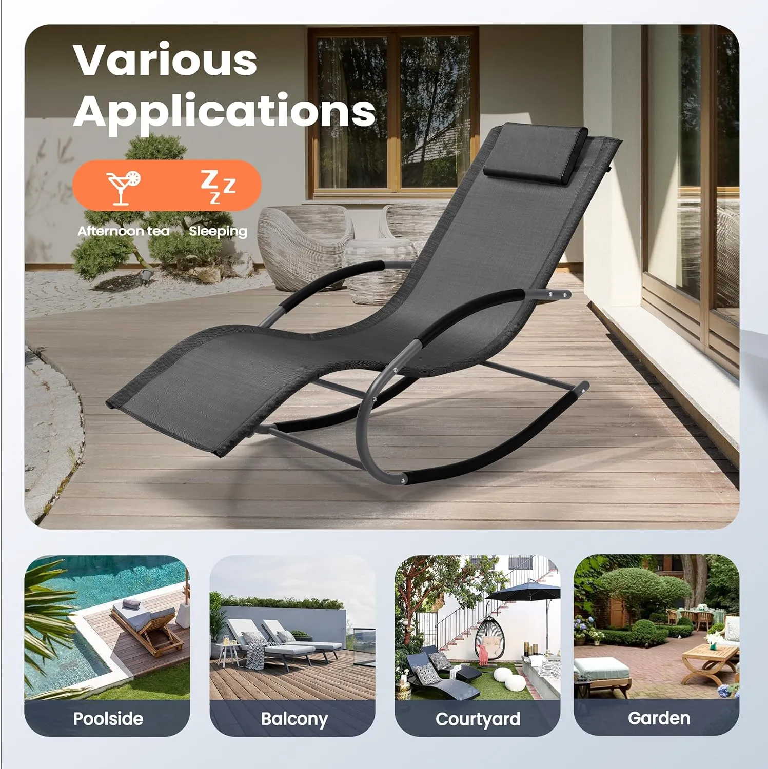 Rocking Outdoor Lounger Chair Chaise Lounge Zero Gravity Rocker - Patio Lounge Chair Rocking Sunlonger for Sunbathing, Napping for Patio, Garden, Living Room