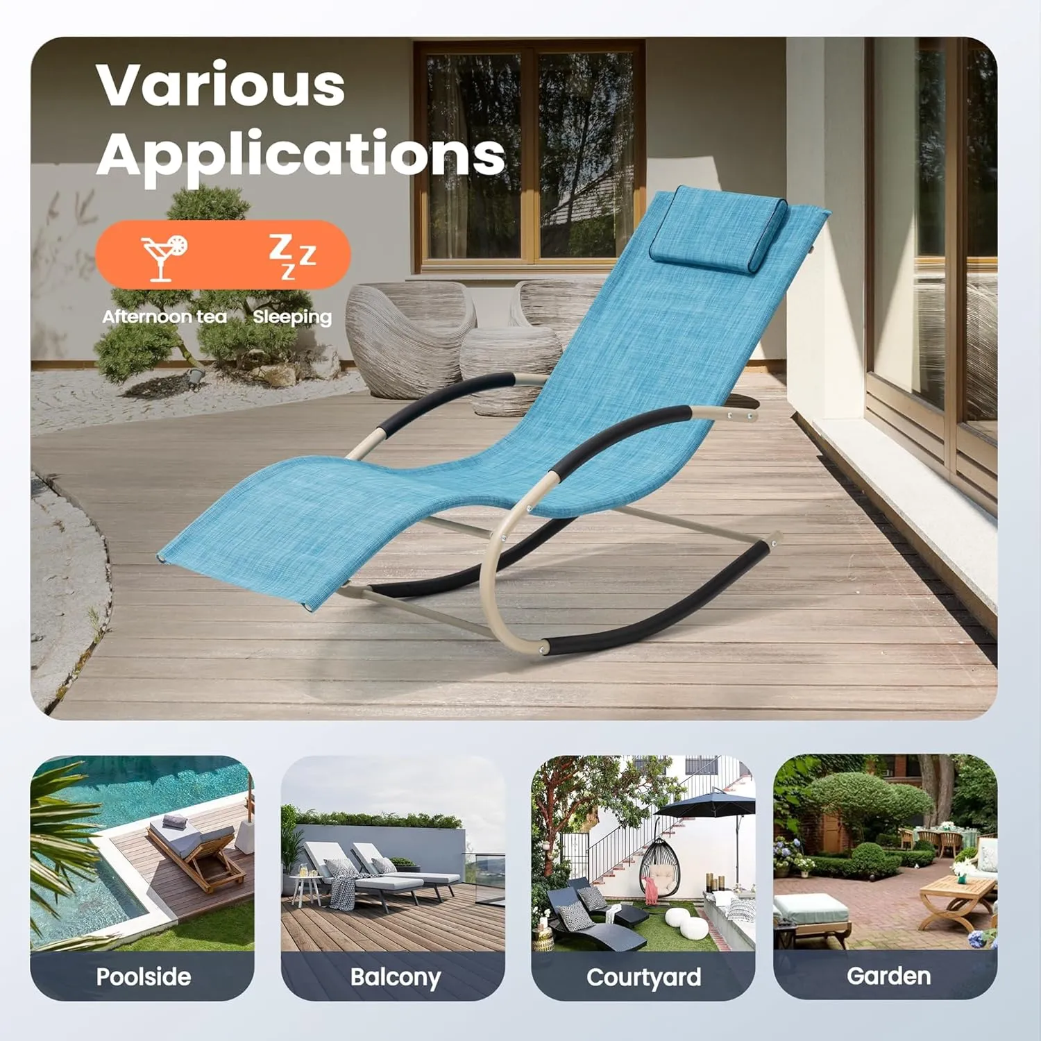 Rocking Outdoor Lounger Chair Chaise Lounge Zero Gravity Rocker - Patio Lounge Chair Rocking Sunlonger for Sunbathing, Napping for Patio, Garden, Living Room