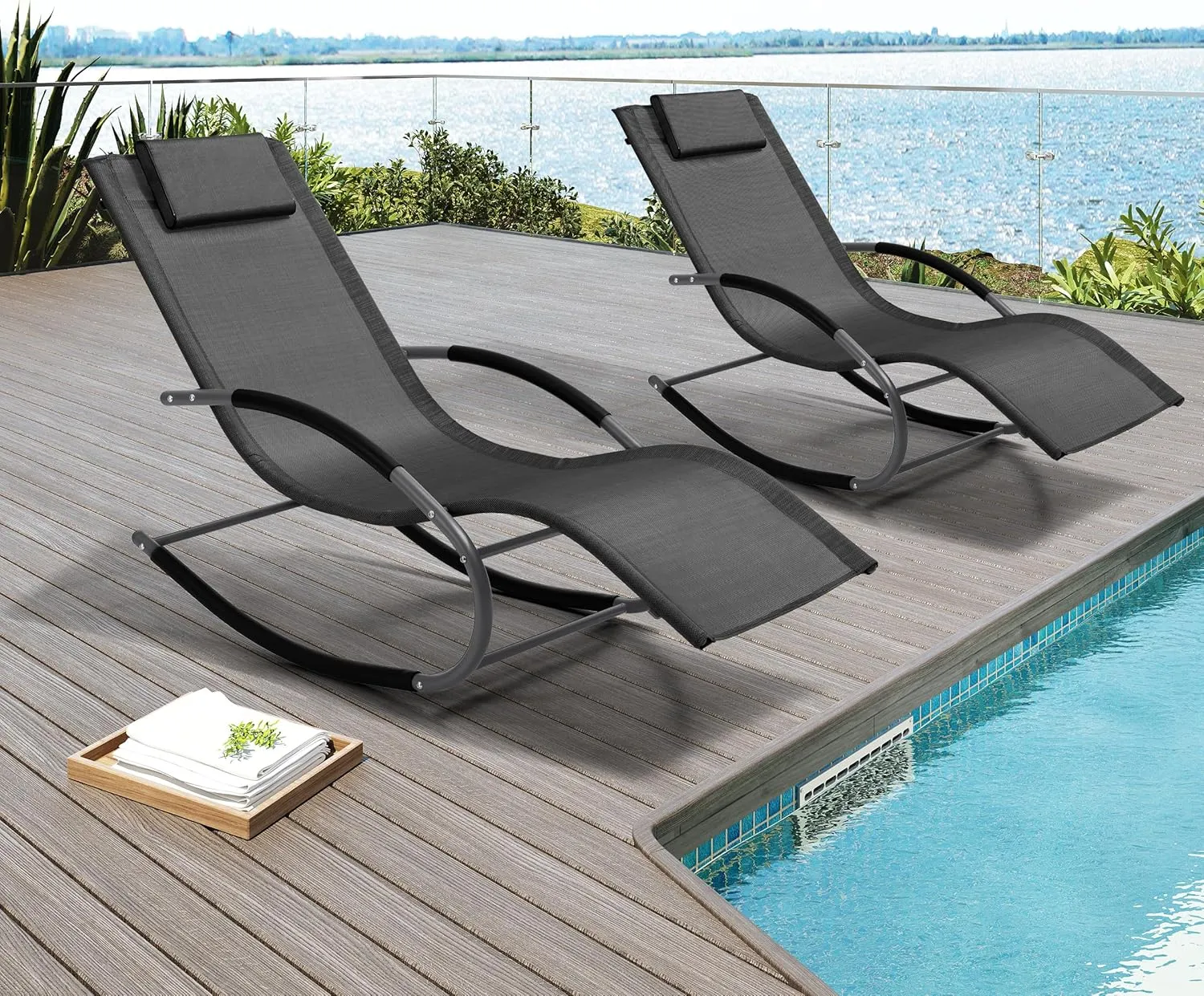 Rocking Outdoor Lounger Chair Chaise Lounge Zero Gravity Rocker - Patio Lounge Chair Rocking Sunlonger for Sunbathing, Napping for Patio, Garden, Living Room