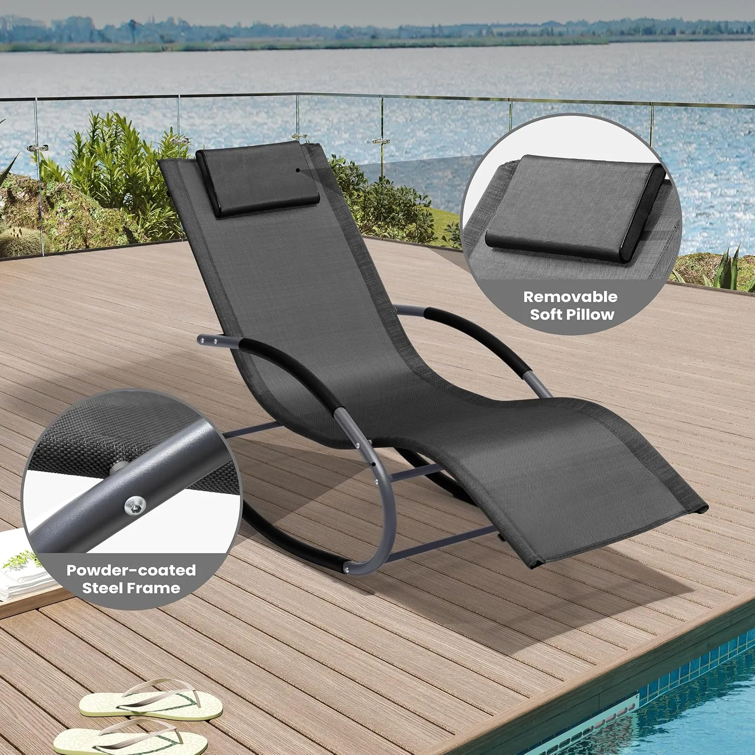 Rocking Outdoor Lounger Chair Chaise Lounge Zero Gravity Rocker - Patio Lounge Chair Rocking Sunlonger for Sunbathing, Napping for Patio, Garden, Living Room