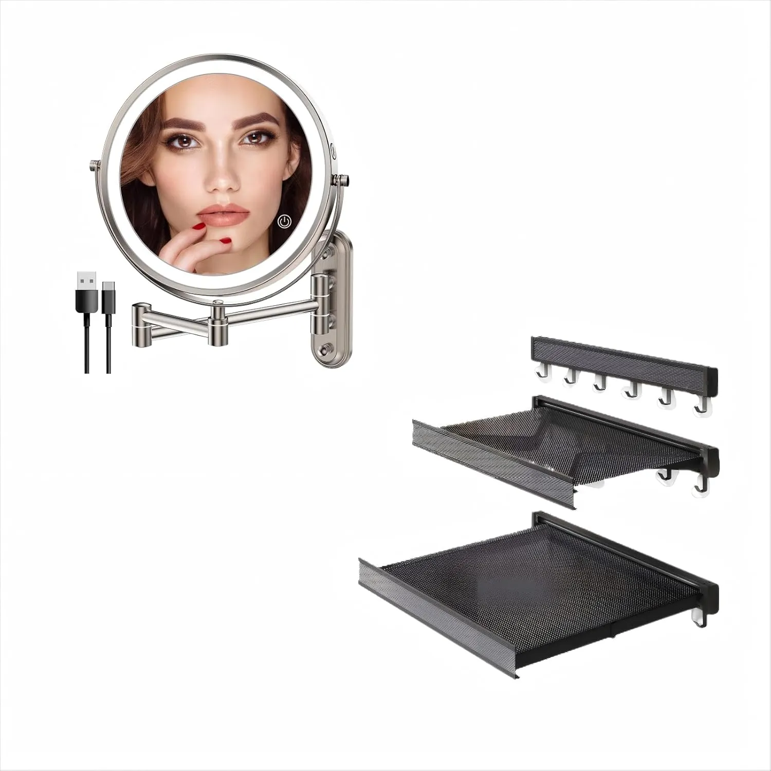 Rocollos Space-Saving Towel Rack & Rechargeable Lighted Wall Mounted Makeup Mirror