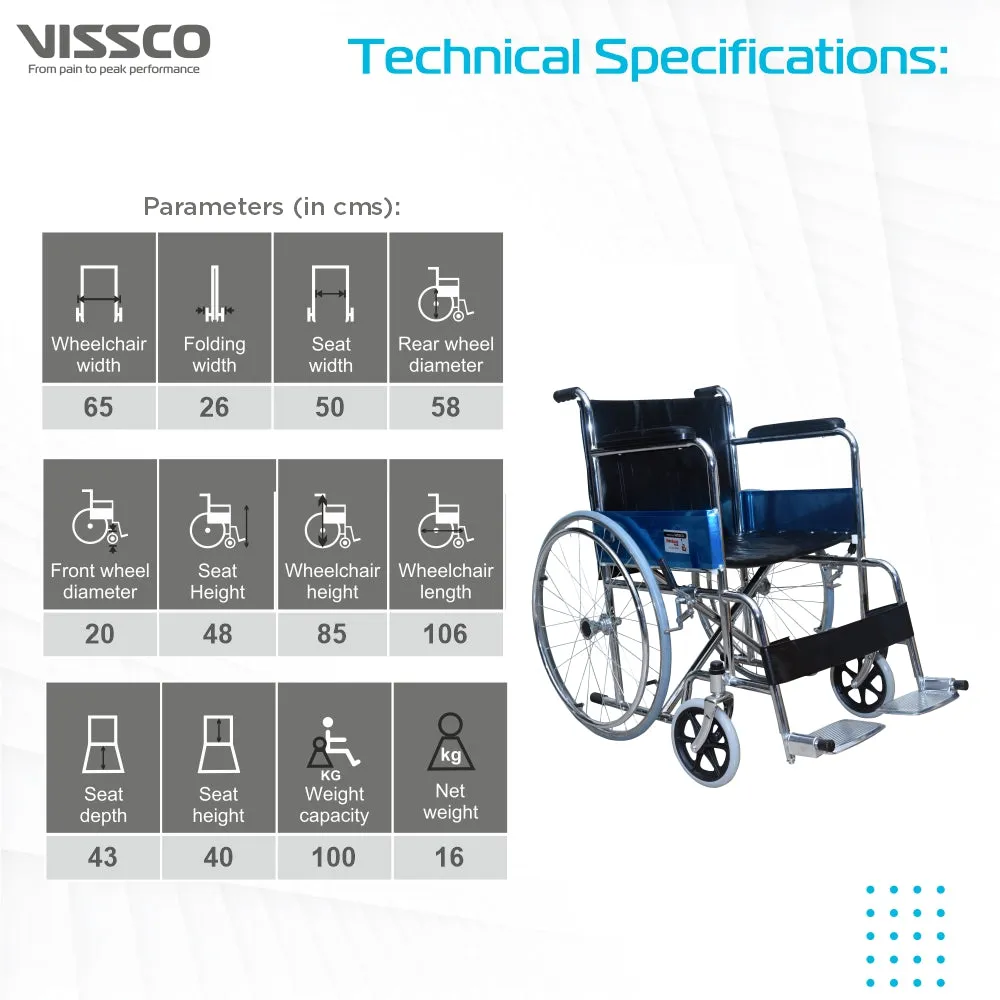Rodeo Plus Wheelchair With Spoke Wheels | Fixed Handle | Swingable Footrest | Chrome Plated | Weight Capacity 100kg (Grey)