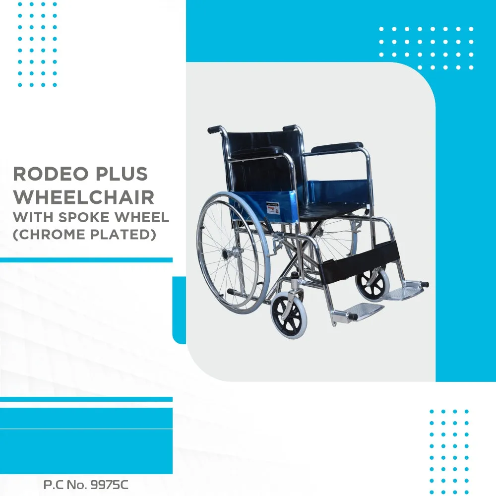 Rodeo Plus Wheelchair With Spoke Wheels | Fixed Handle | Swingable Footrest | Chrome Plated | Weight Capacity 100kg (Grey)