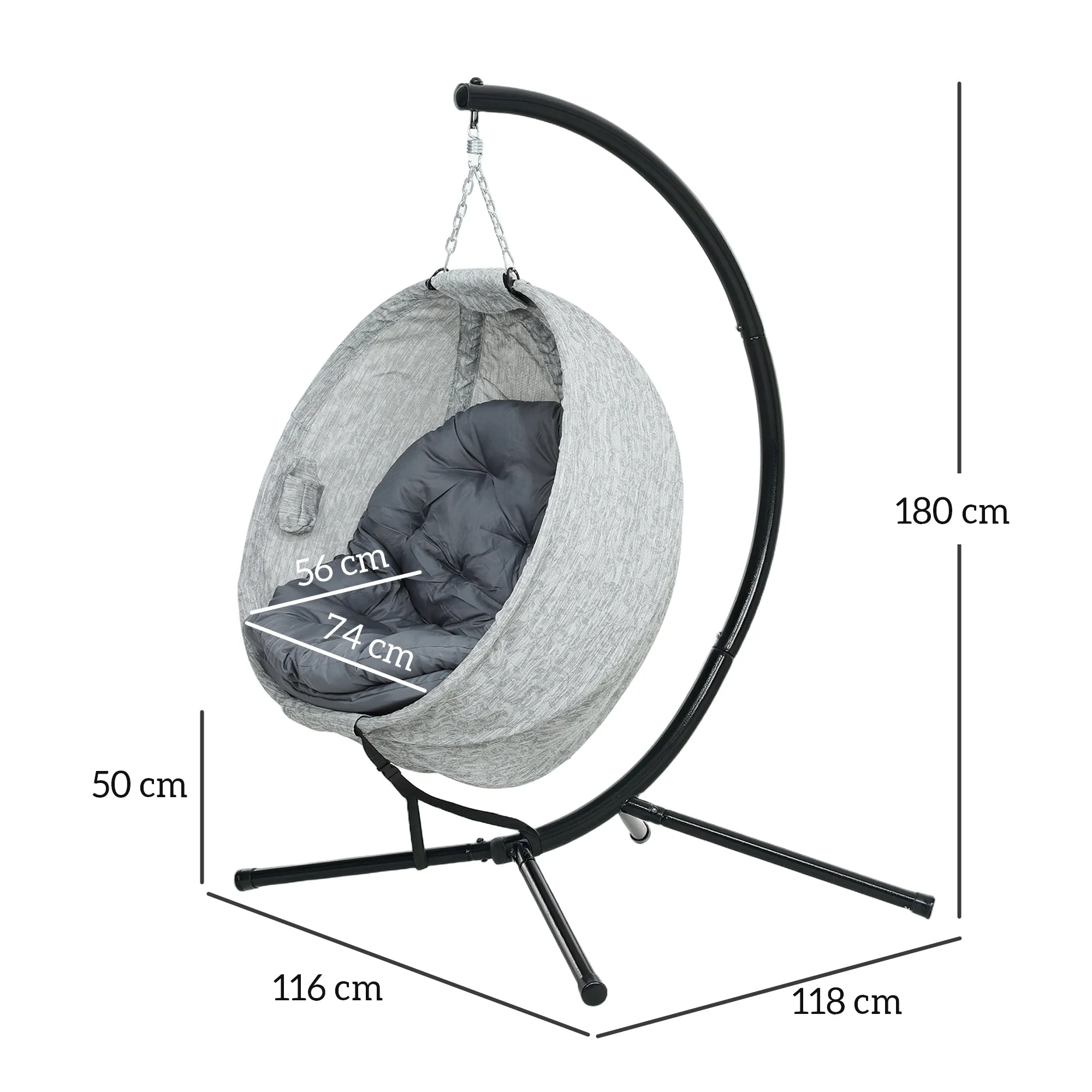 Rootz Egg-Shaped Hanging Basket Chair - Hanging Chair - Garden Chair - Rocking Function - 118cm x 116cm x 180cm