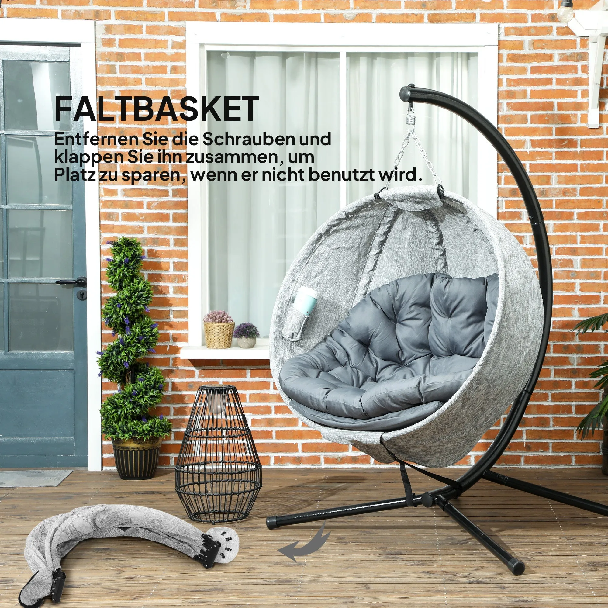 Rootz Egg-Shaped Hanging Basket Chair - Hanging Chair - Garden Chair - Rocking Function - 118cm x 116cm x 180cm