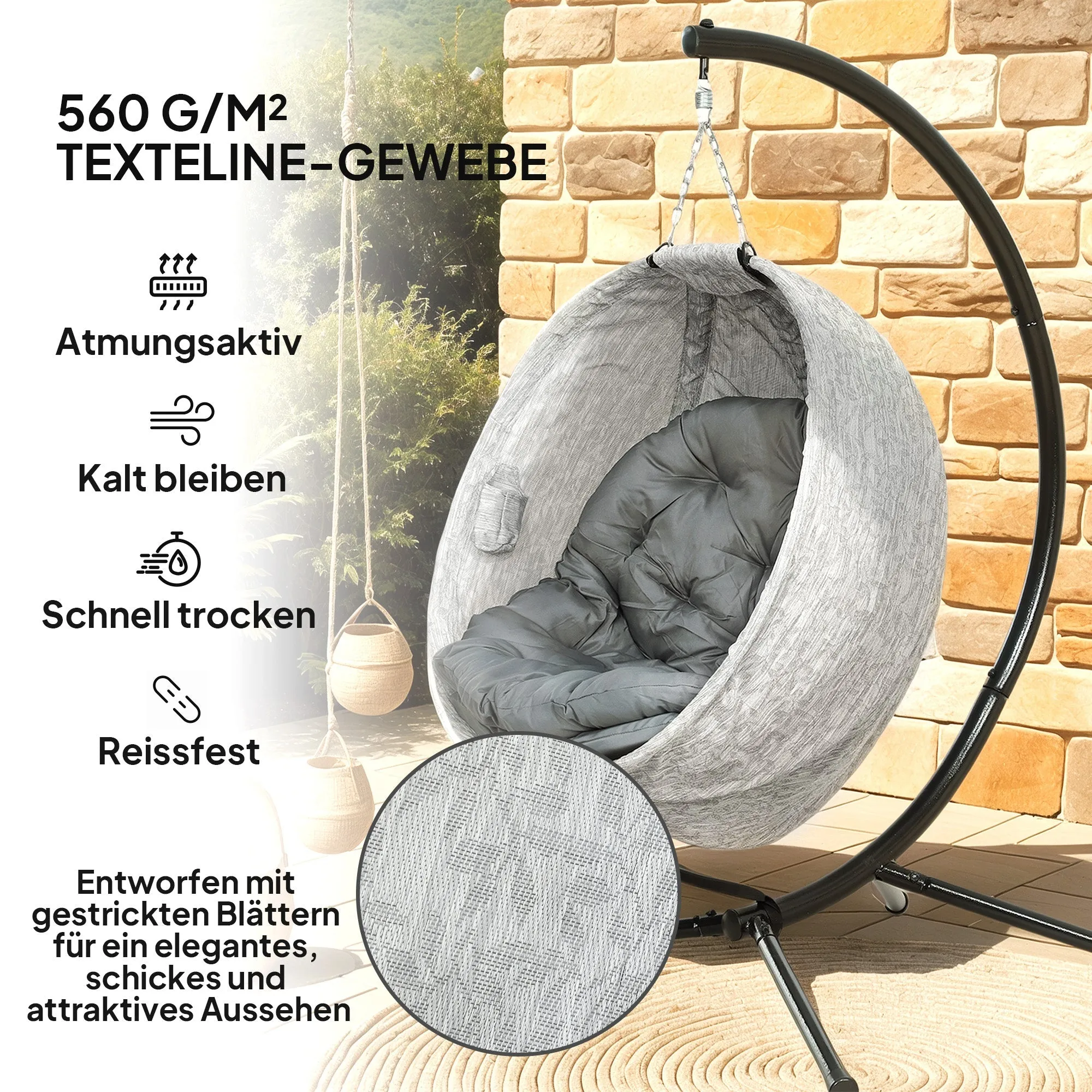 Rootz Egg-Shaped Hanging Basket Chair - Hanging Chair - Garden Chair - Rocking Function - 118cm x 116cm x 180cm