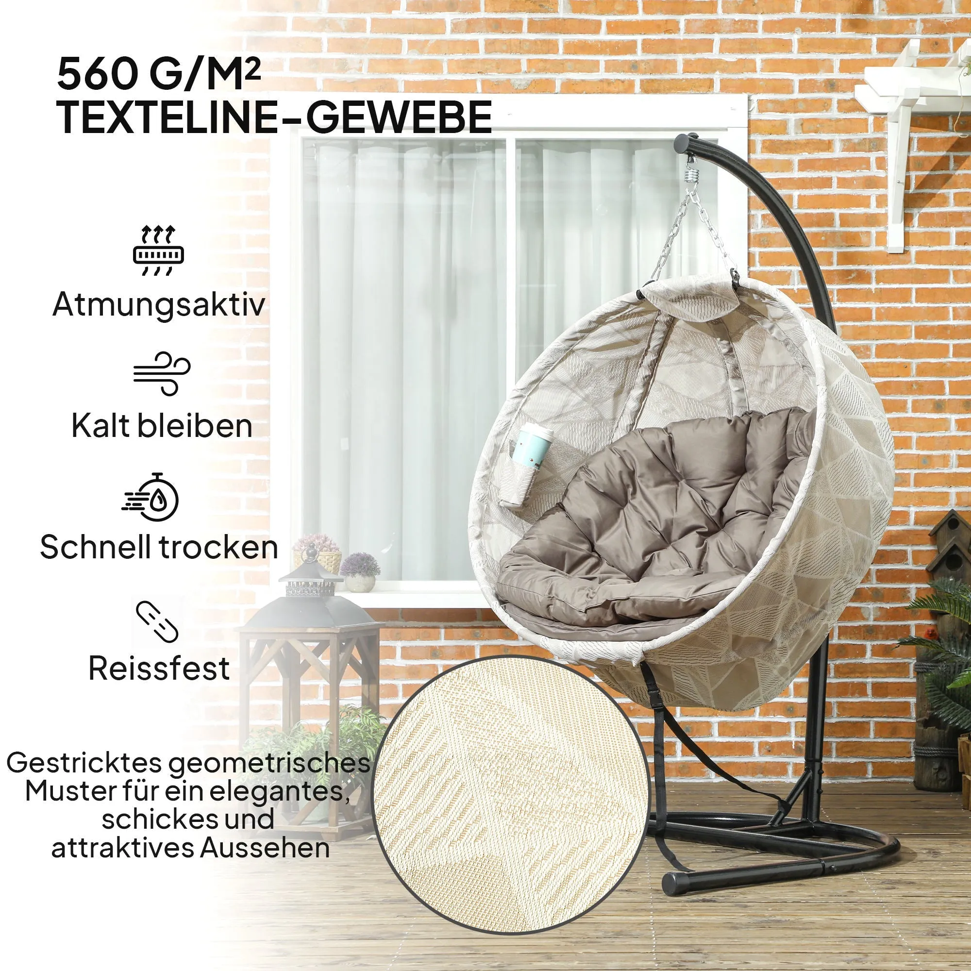 Rootz Egg Shaped Hanging Chair - Rocking Chair - Foldable Garden Chair - With Cup Holder - 114cm x 106cm x 178cm