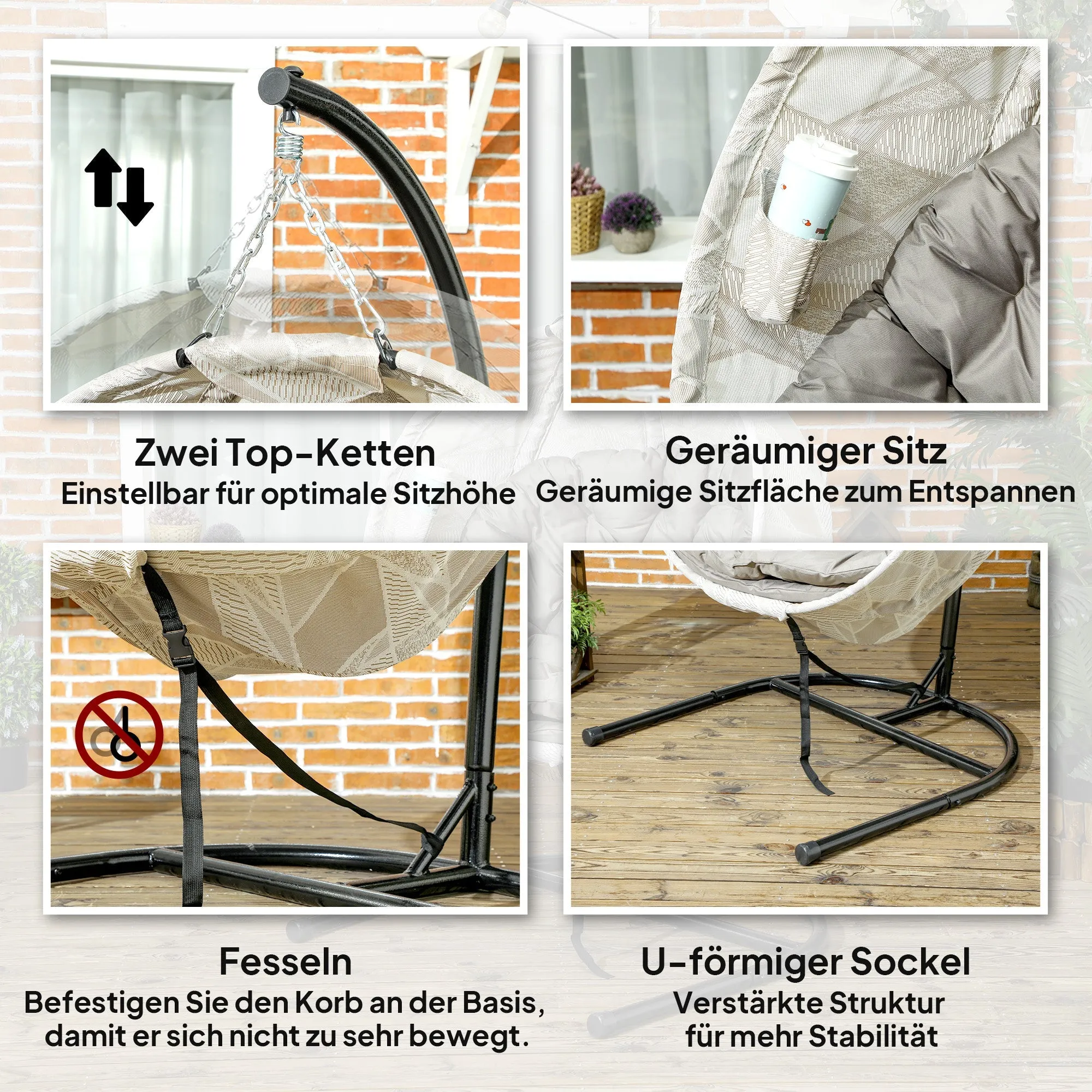 Rootz Egg Shaped Hanging Chair - Rocking Chair - Foldable Garden Chair - With Cup Holder - 114cm x 106cm x 178cm