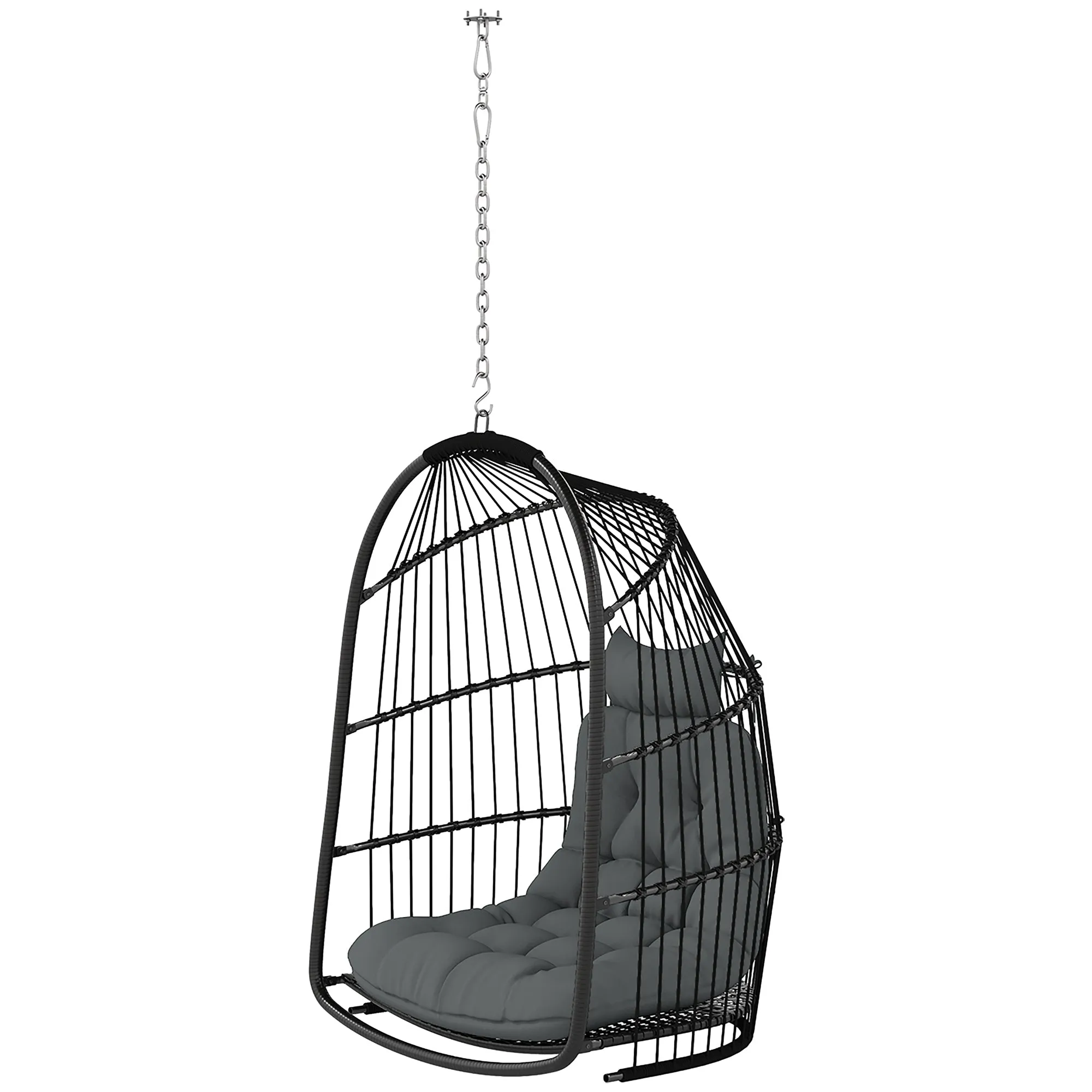 Rootz Hanging Chair Hanging Basket - Swing Chair - Egg Chair - Ergonomic Comfort - 74L x 68W x 105H cm - Grey and Black