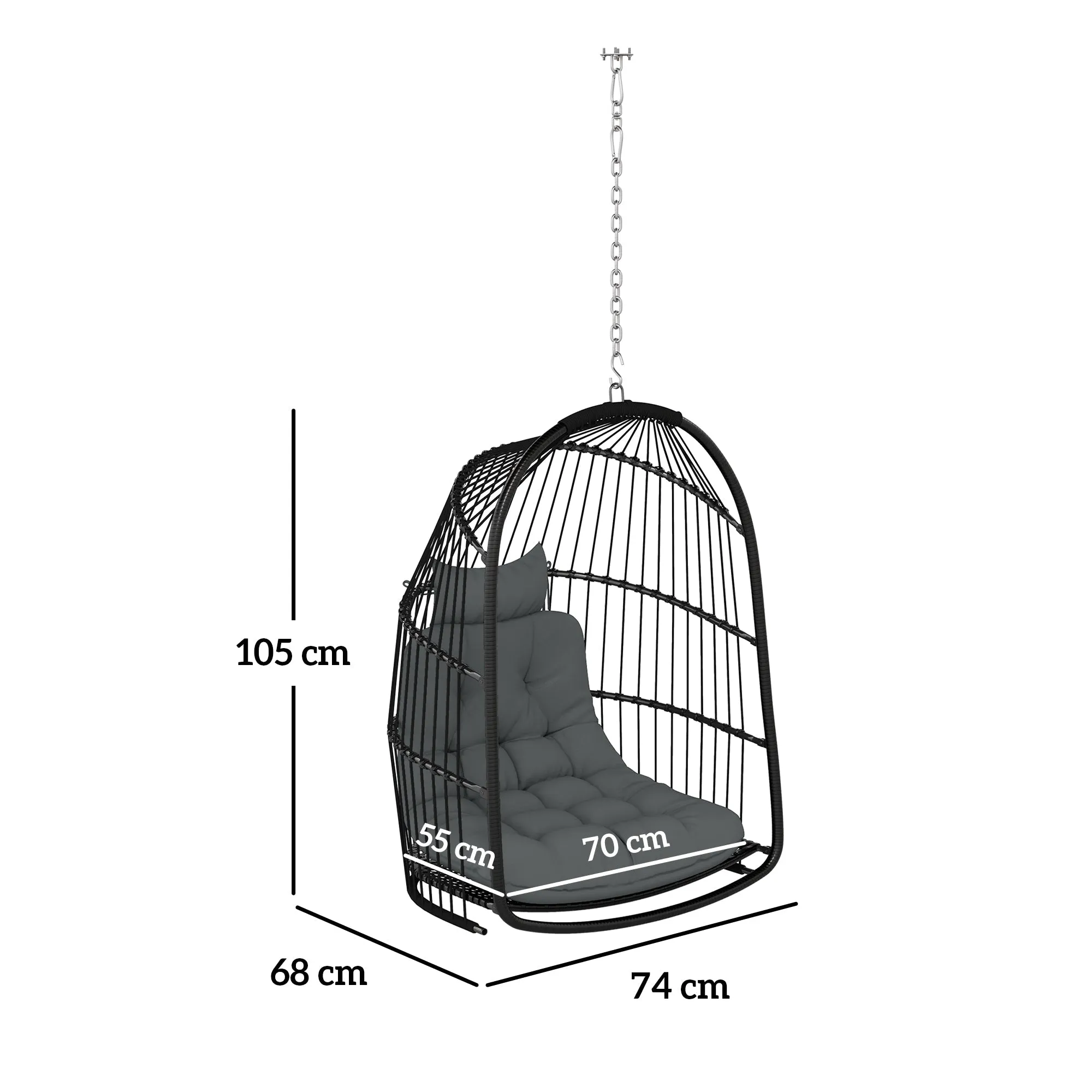 Rootz Hanging Chair Hanging Basket - Swing Chair - Egg Chair - Ergonomic Comfort - 74L x 68W x 105H cm - Grey and Black