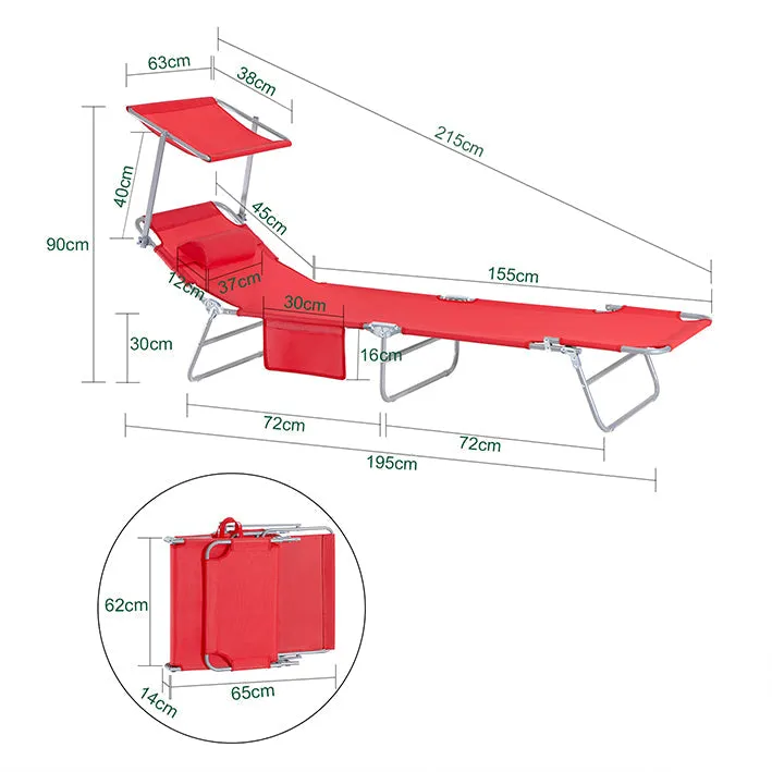 Rootz Oversized Folding Beach Chair - Lounger Chair - Reclining Sun Chair - Metal Frame - 195cm x 90cm x 63cm